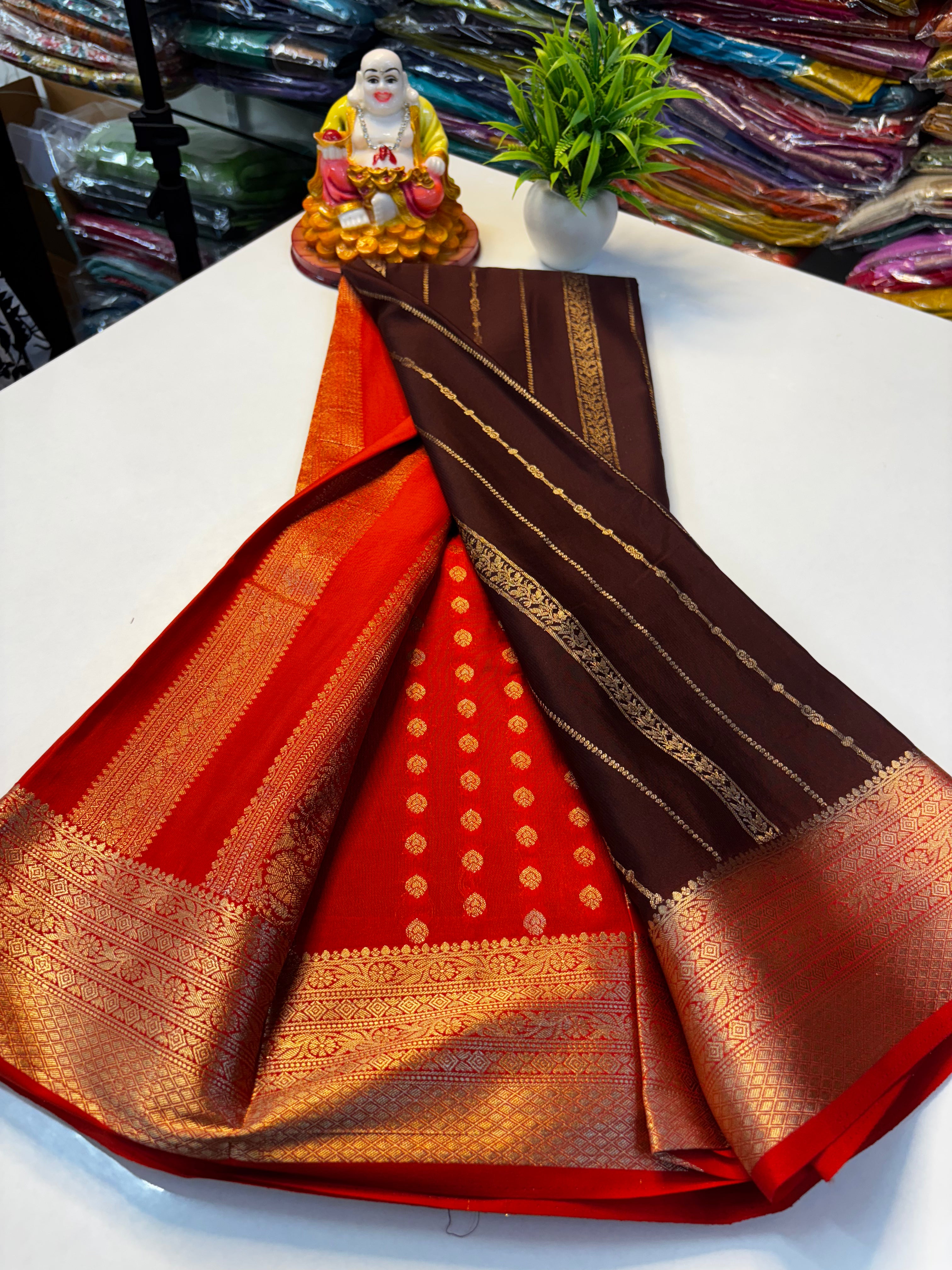 PREMIUM mysore crape silk saree with rich pallu and butta blouse need shopify made from padmavathi silks and sarees