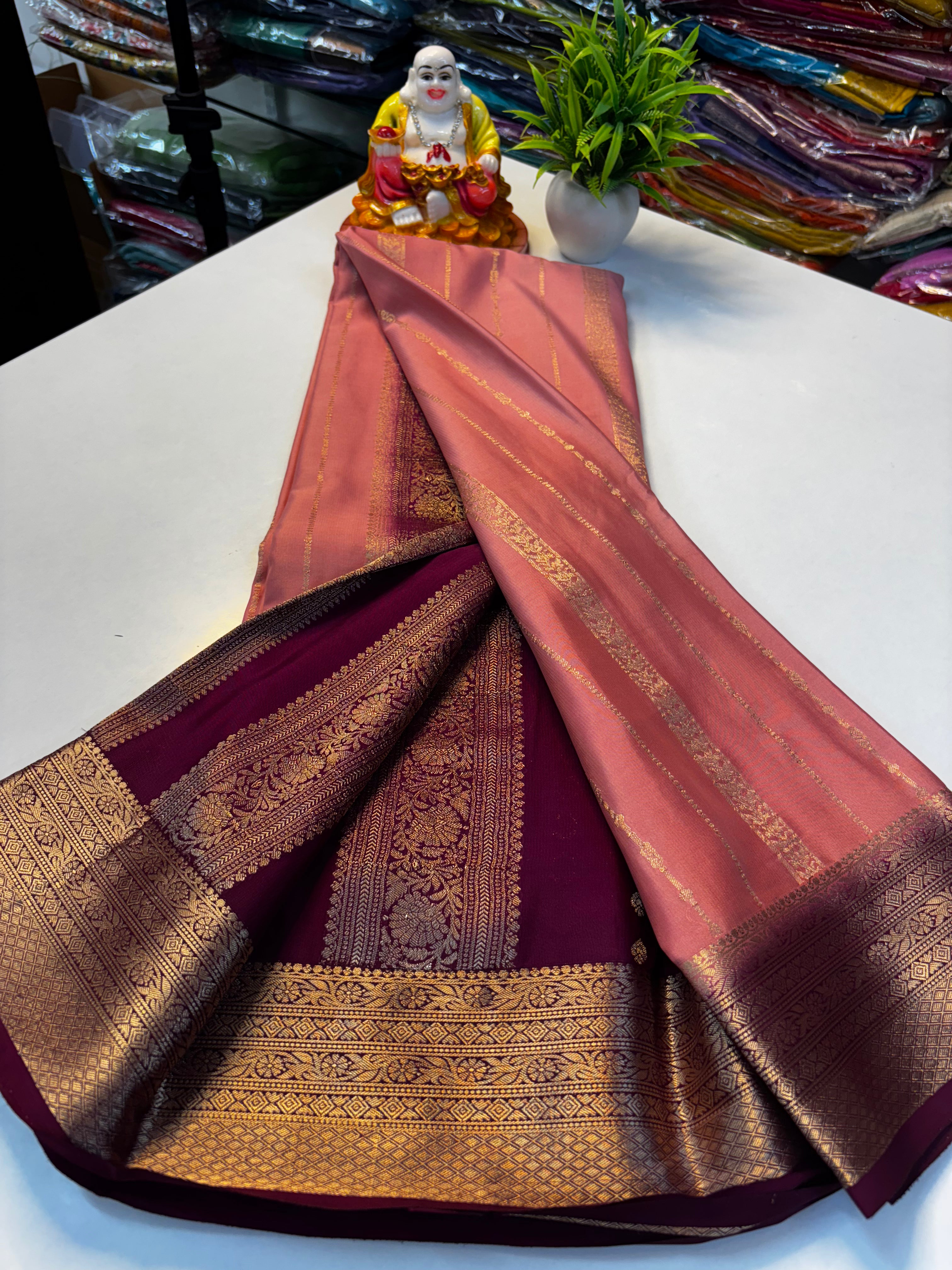 PREMIUM mysore crape silk saree with rich pallu and butta blouse need shopify made from padmavathi silks and sarees