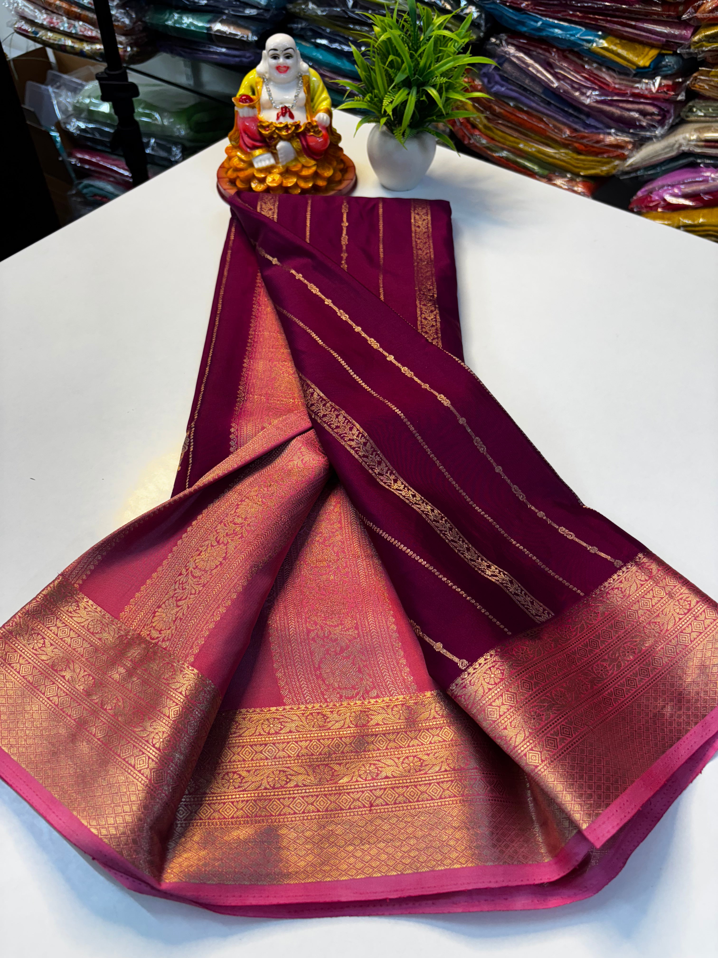 PREMIUM mysore crape silk saree with rich pallu and butta blouse need shopify made from padmavathi silks and sarees