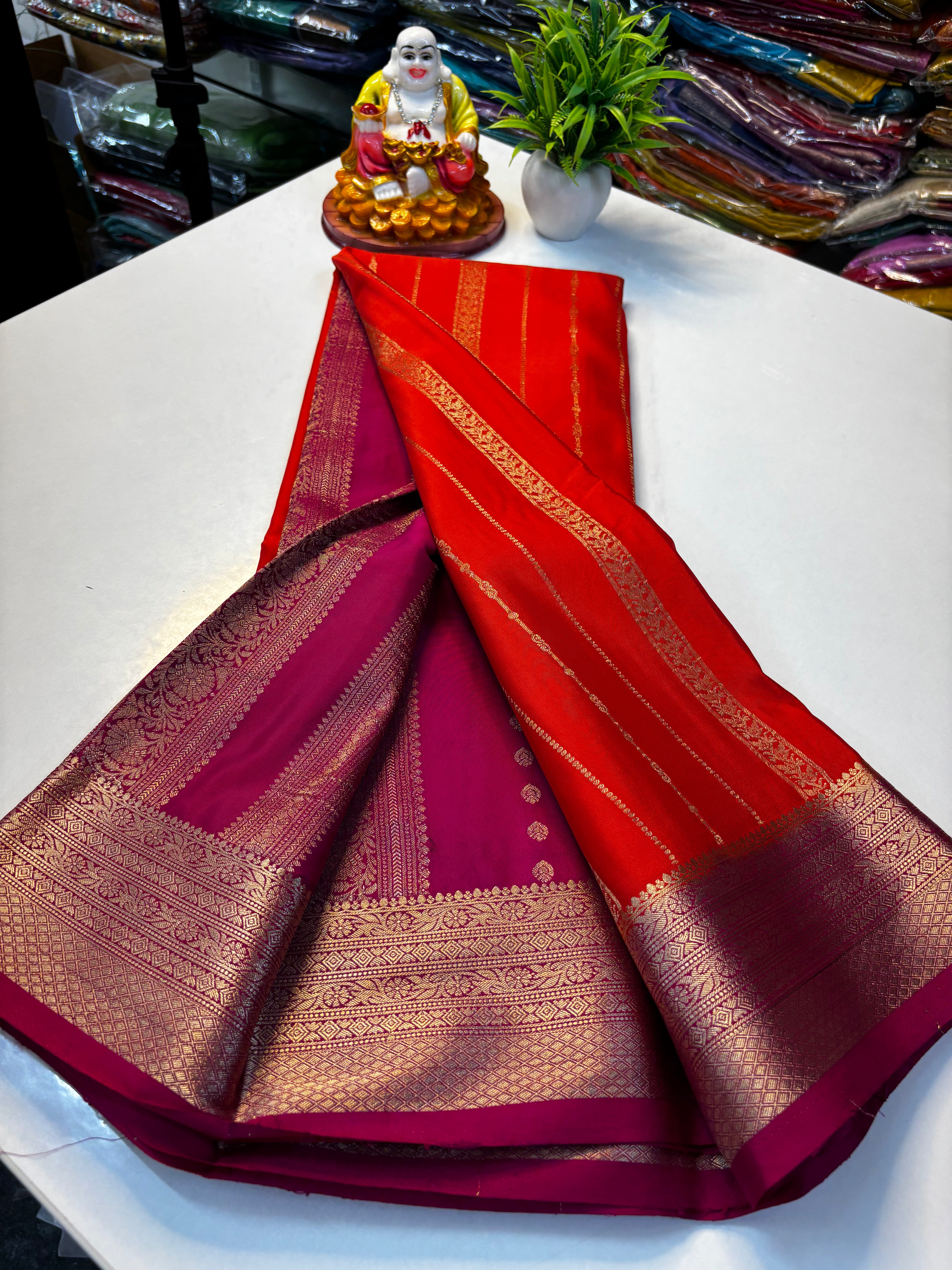 PREMIUM mysore crape silk saree with rich pallu and butta blouse need shopify made from padmavathi silks and sarees