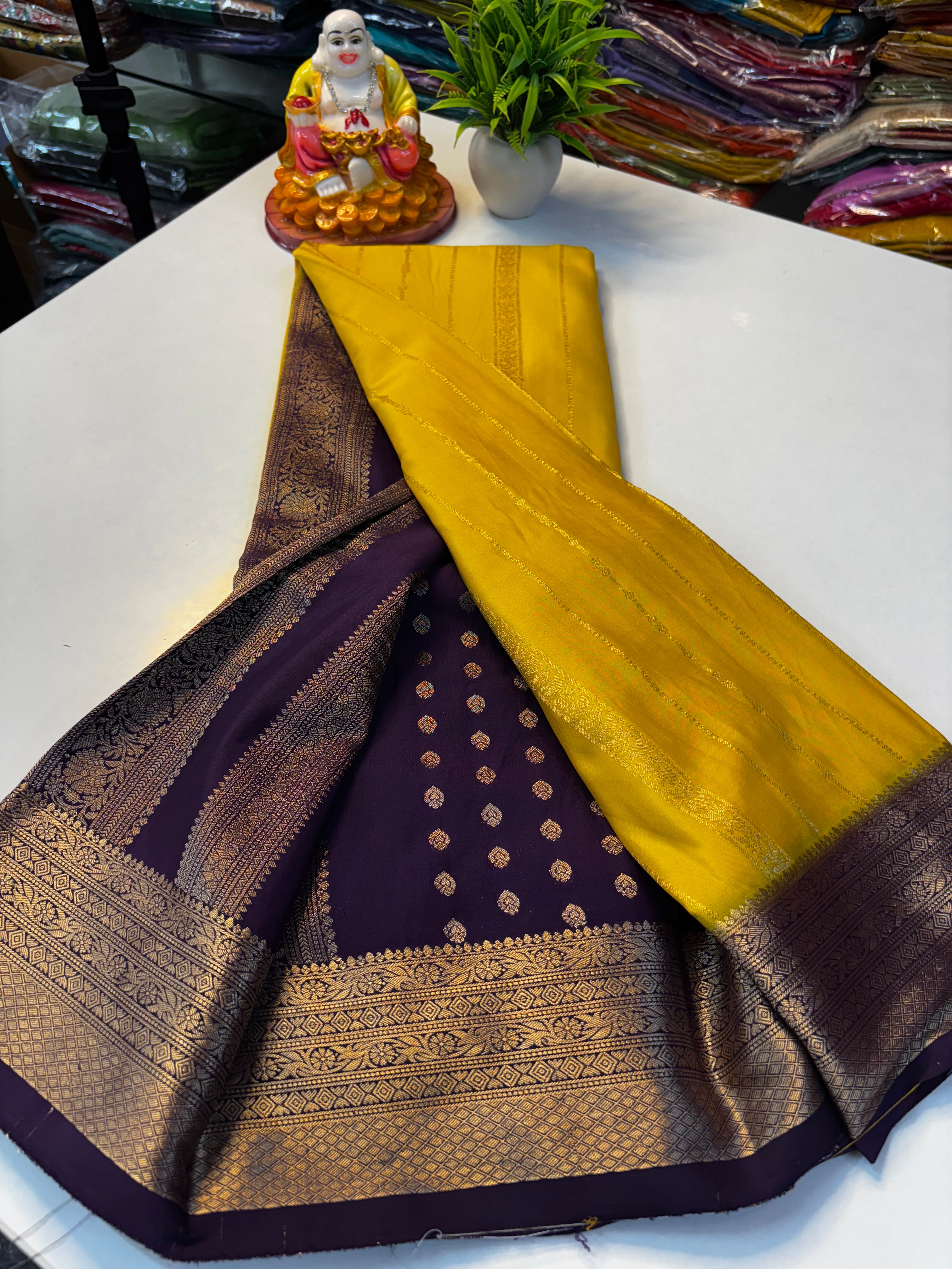 PREMIUM mysore crape silk saree with rich pallu and butta blouse need shopify made from padmavathi silks and sarees