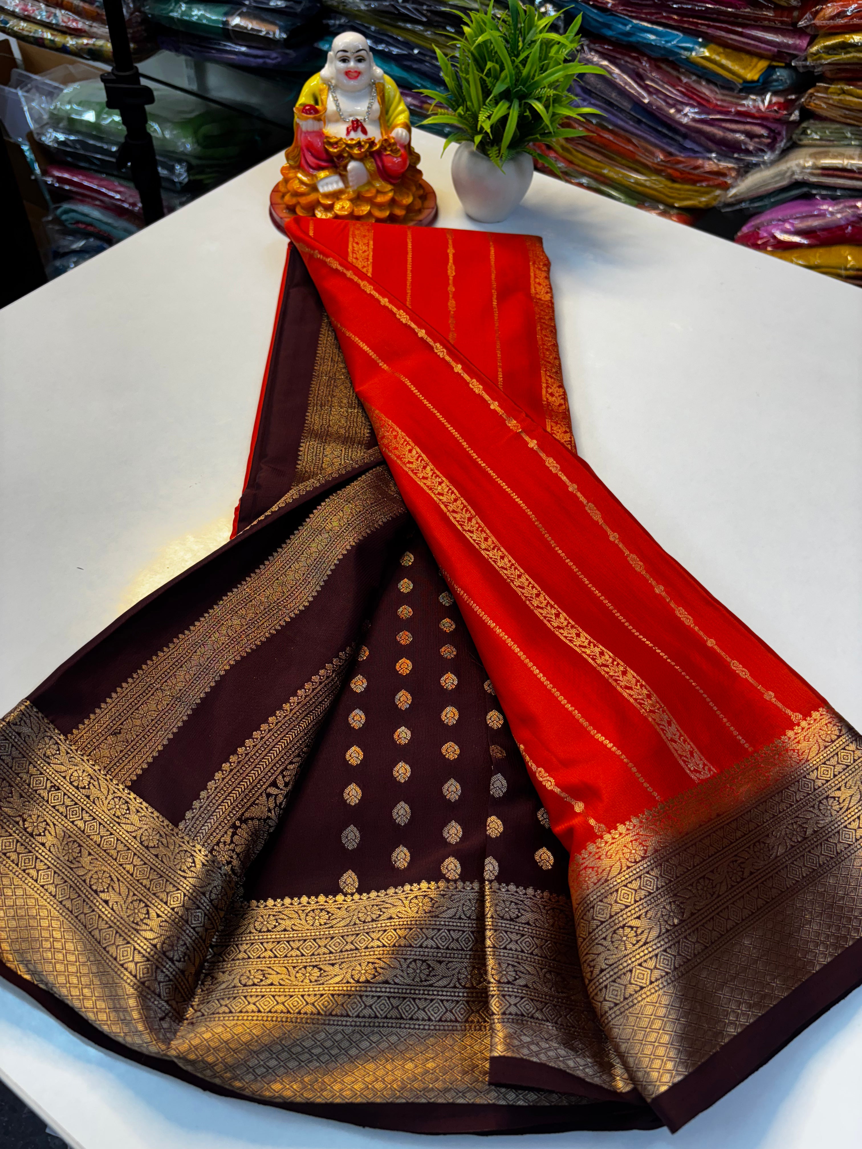 PREMIUM mysore crape silk saree with rich pallu and butta blouse need shopify made from padmavathi silks and sarees