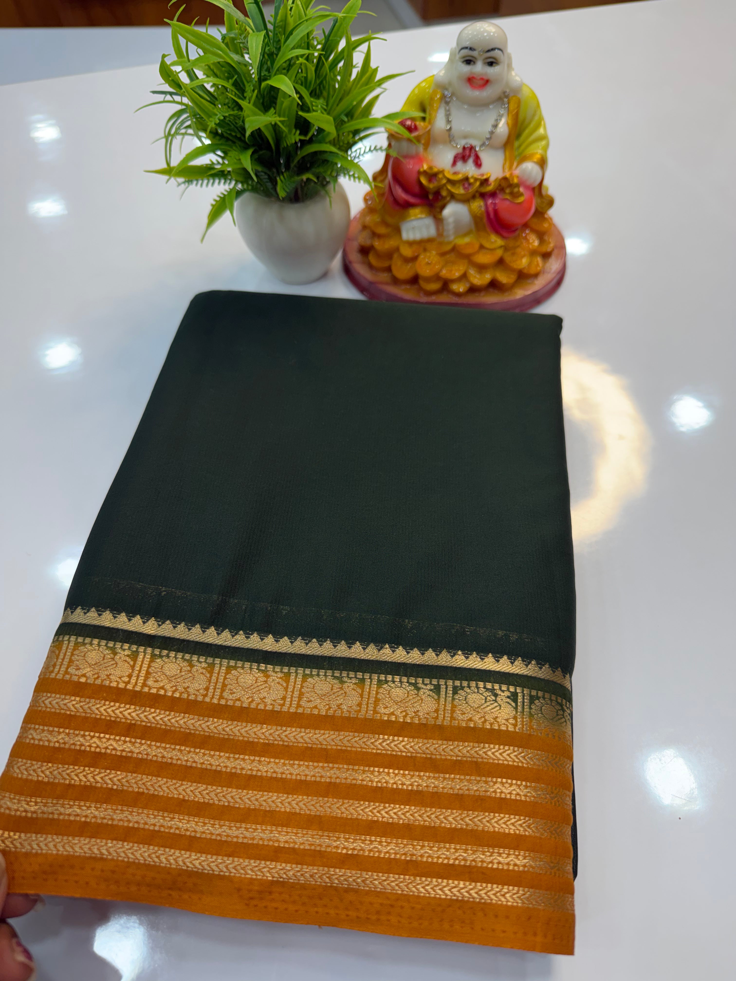Mysore Crepe Silk Saree with Peacock Border – Shopify Product Description