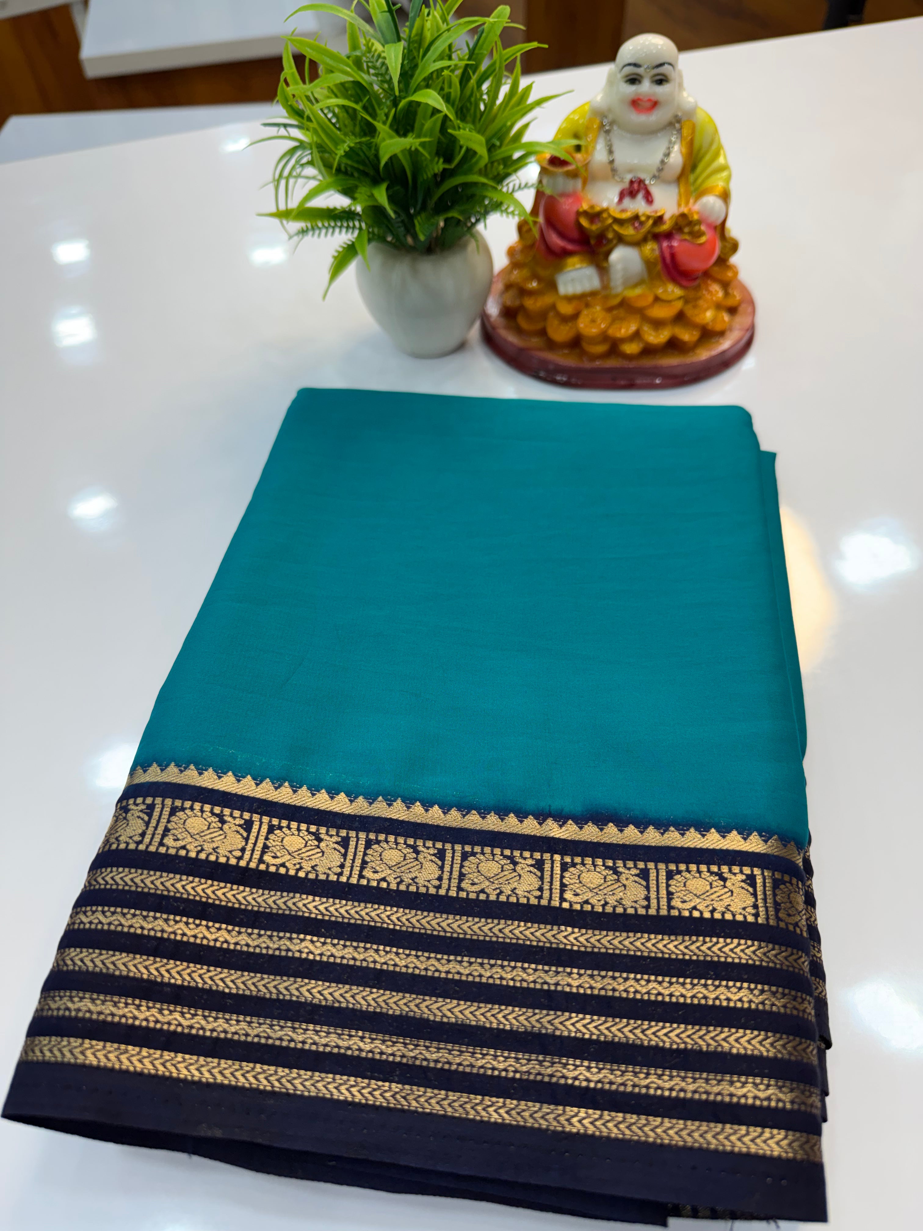 Mysore Crepe Silk Saree with Peacock Border – Shopify Product Description