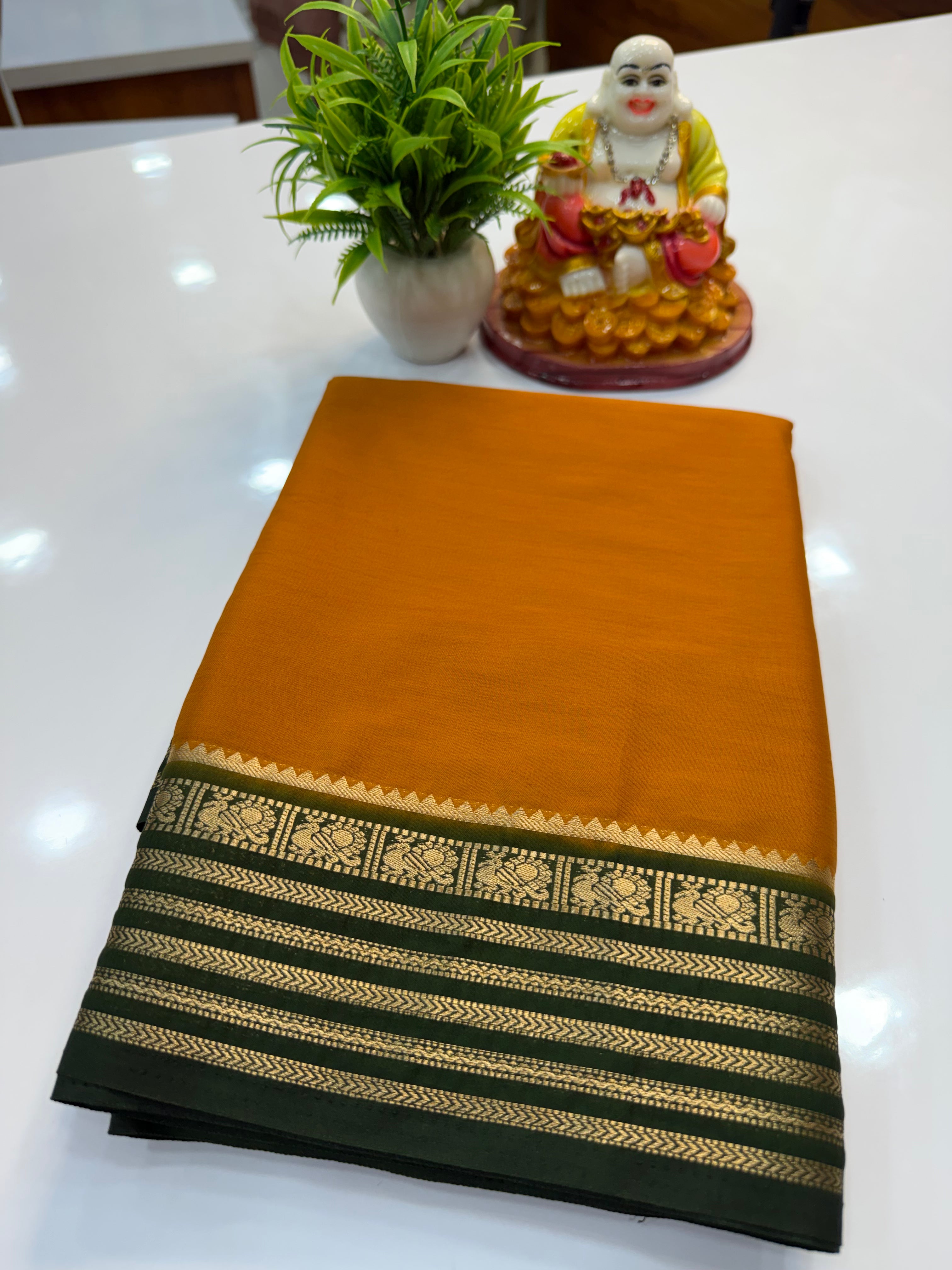 Mysore Crepe Silk Saree with Peacock Border – Shopify Product Description