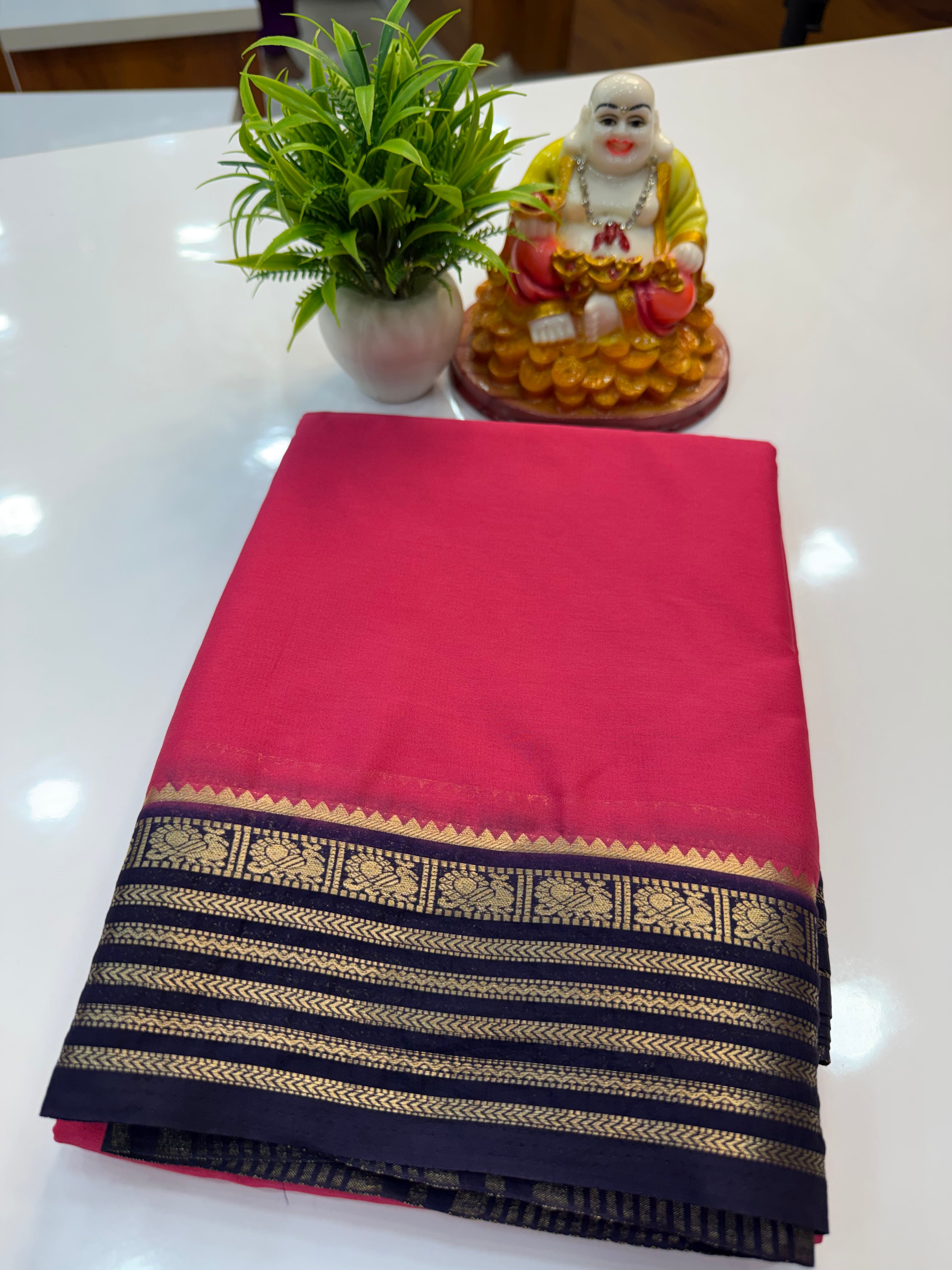 Mysore Crepe Silk Saree with Peacock Border – Shopify Product Description