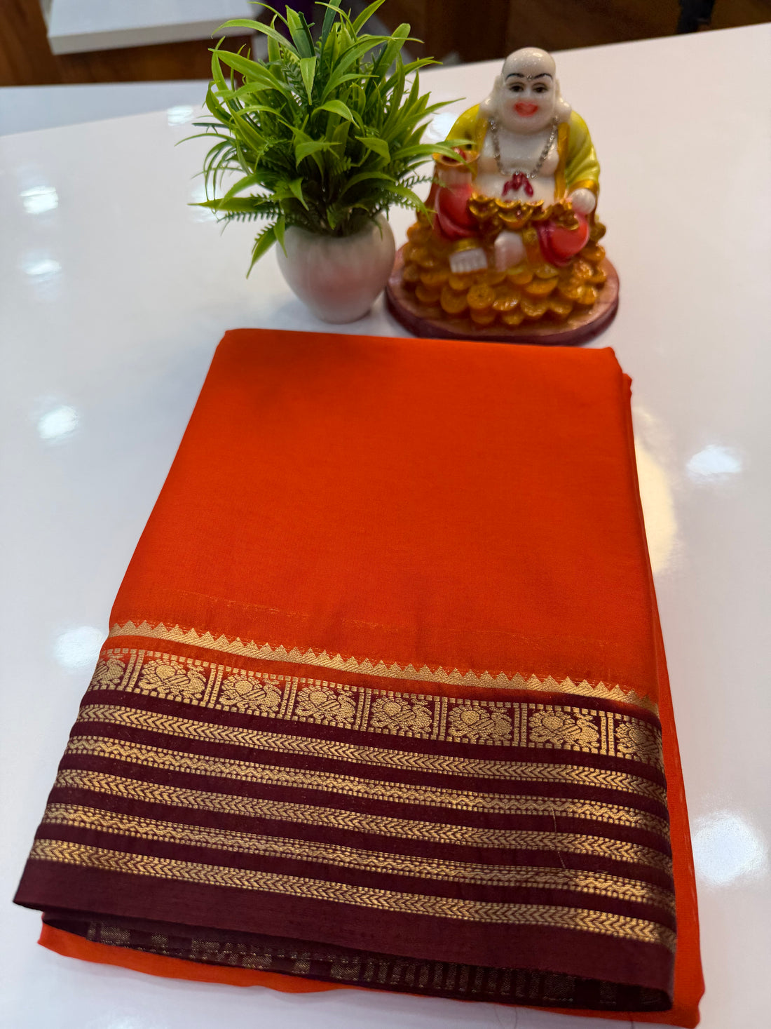 Mysore Crepe Silk Saree with Peacock Border – Shopify Product Description
