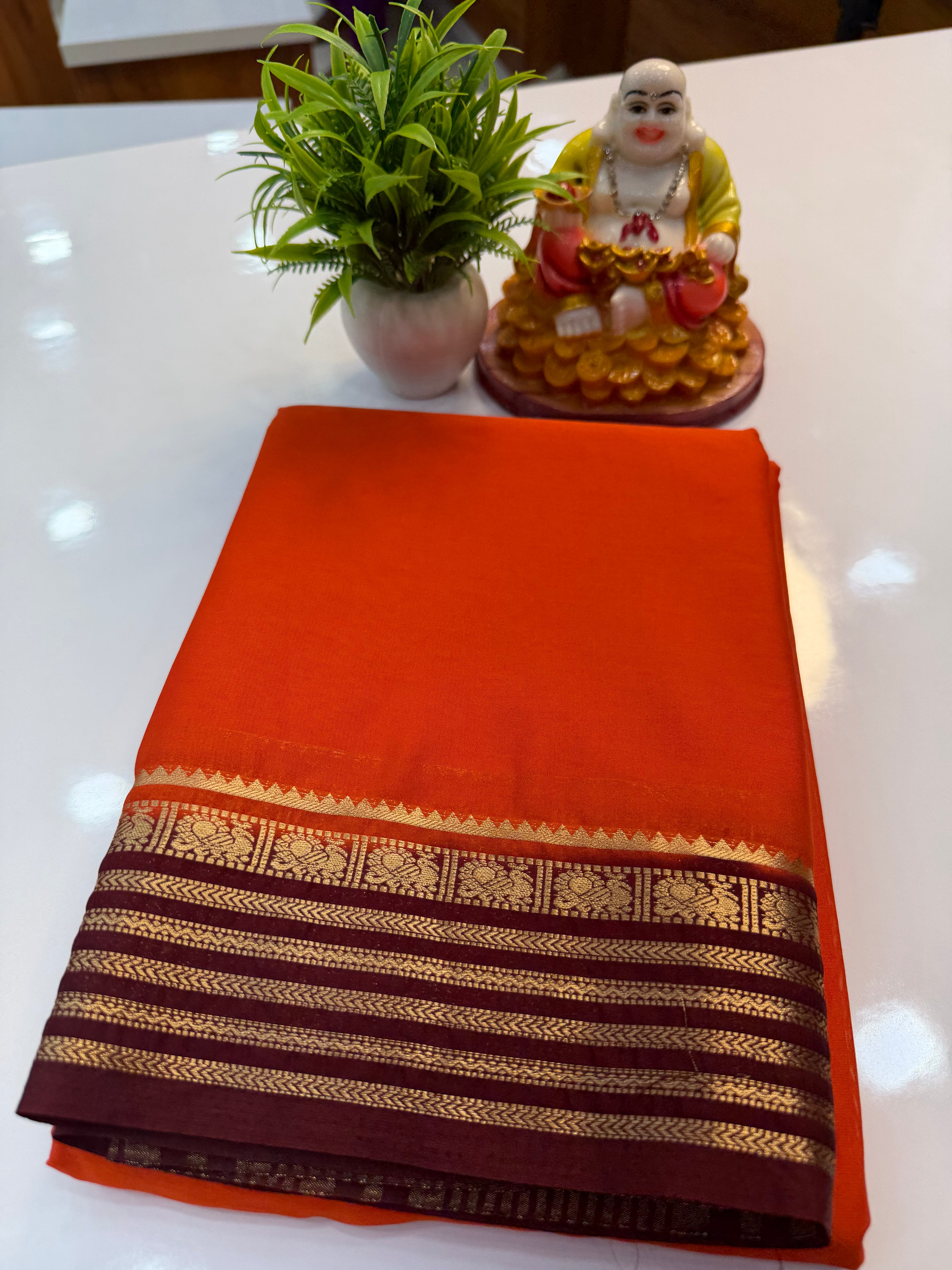 Mysore Crepe Silk Saree with Peacock Border – Shopify Product Description
