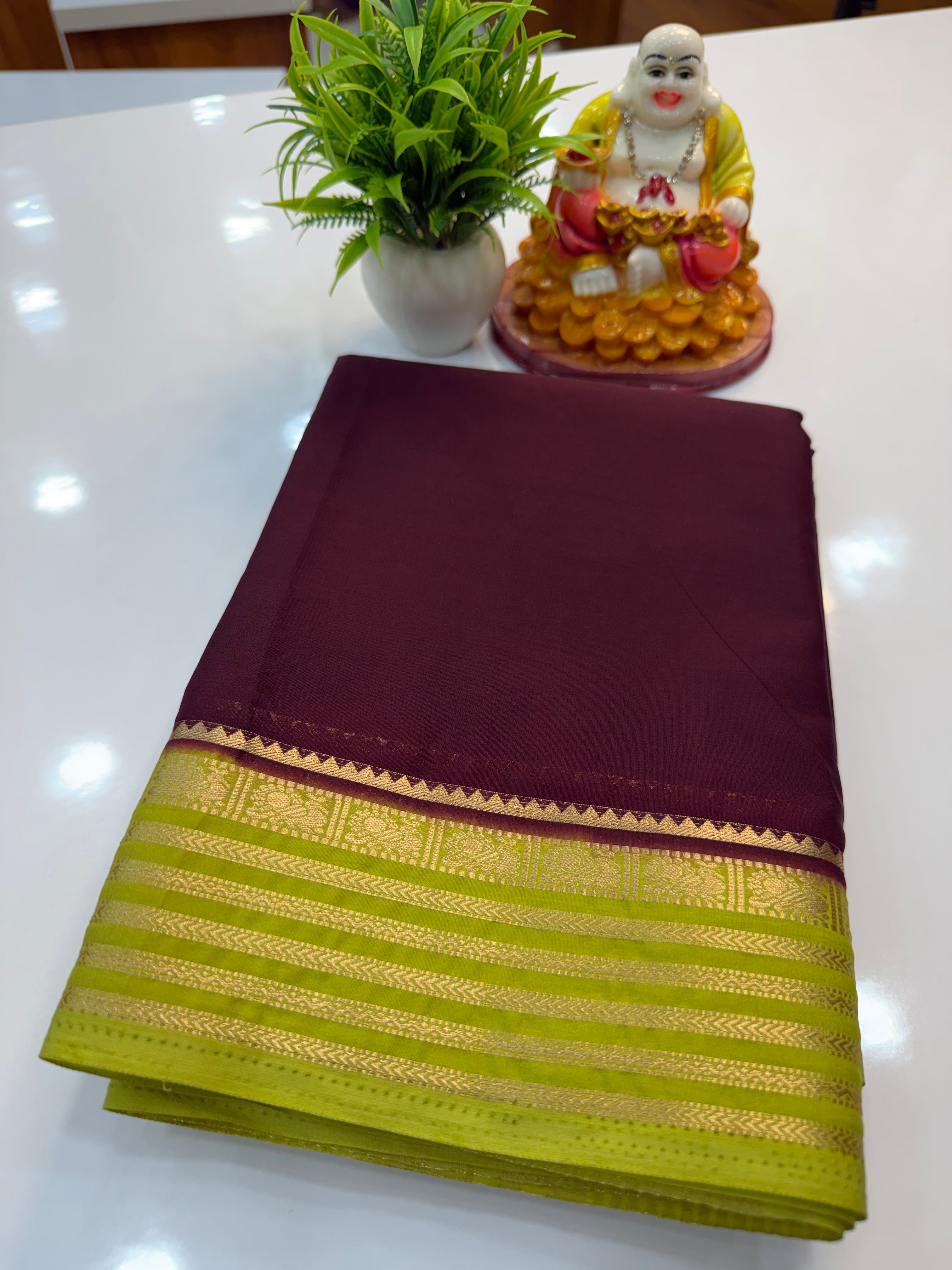 Mysore Crepe Silk Saree with Peacock Border – Shopify Product Description