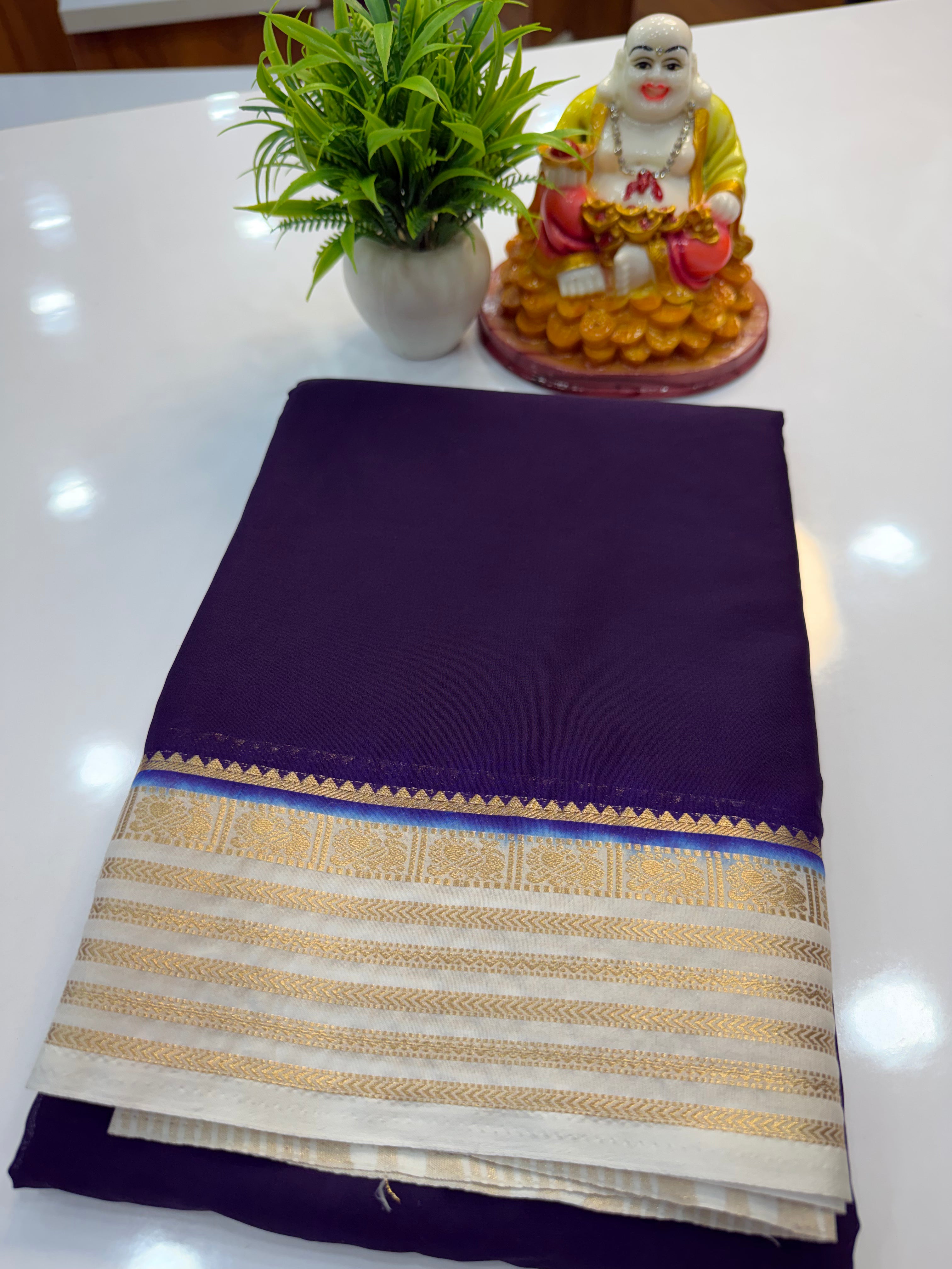 Mysore Crepe Silk Saree with Peacock Border – Shopify Product Description