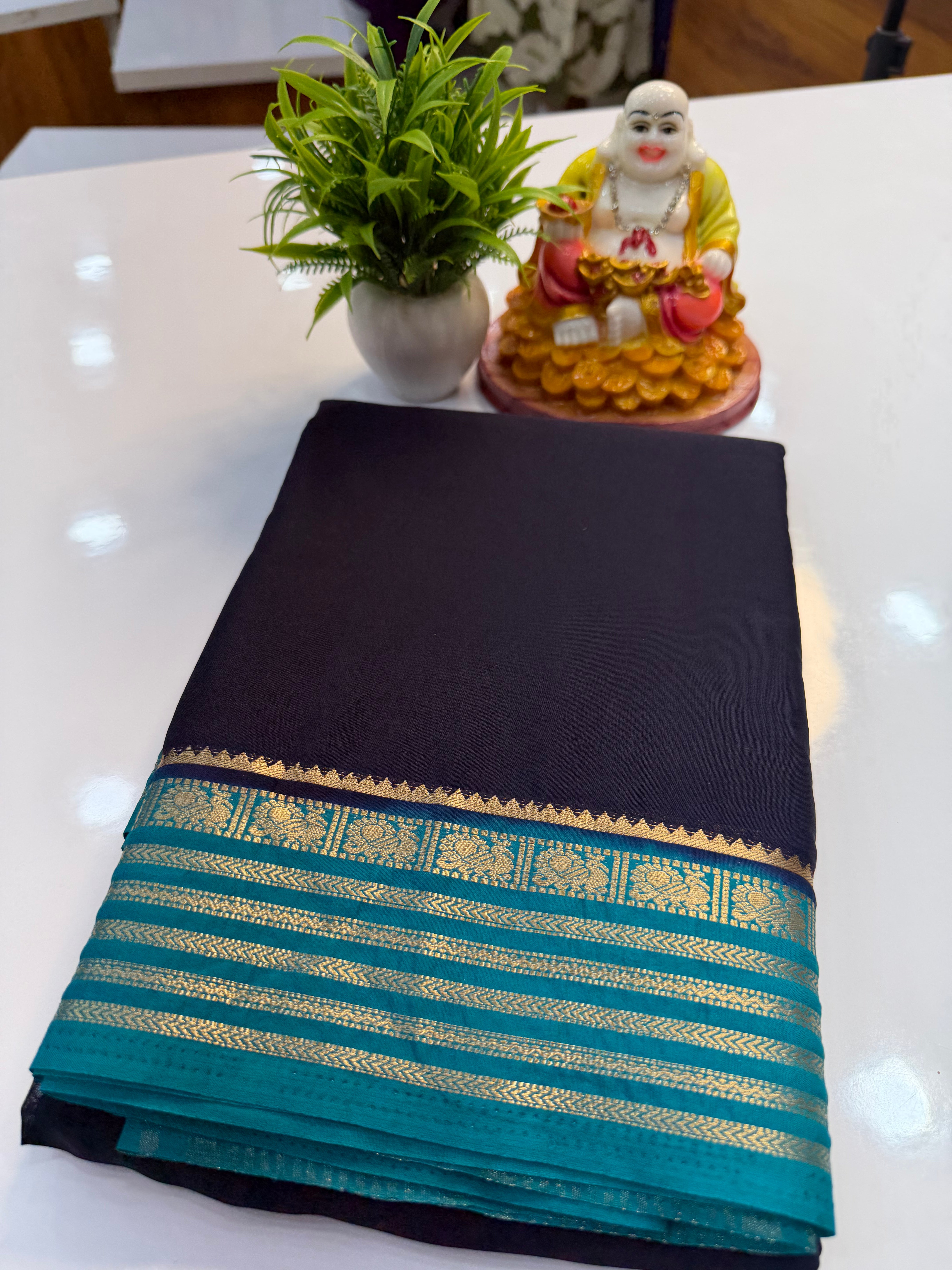 Mysore Crepe Silk Saree with Peacock Border – Shopify Product Description