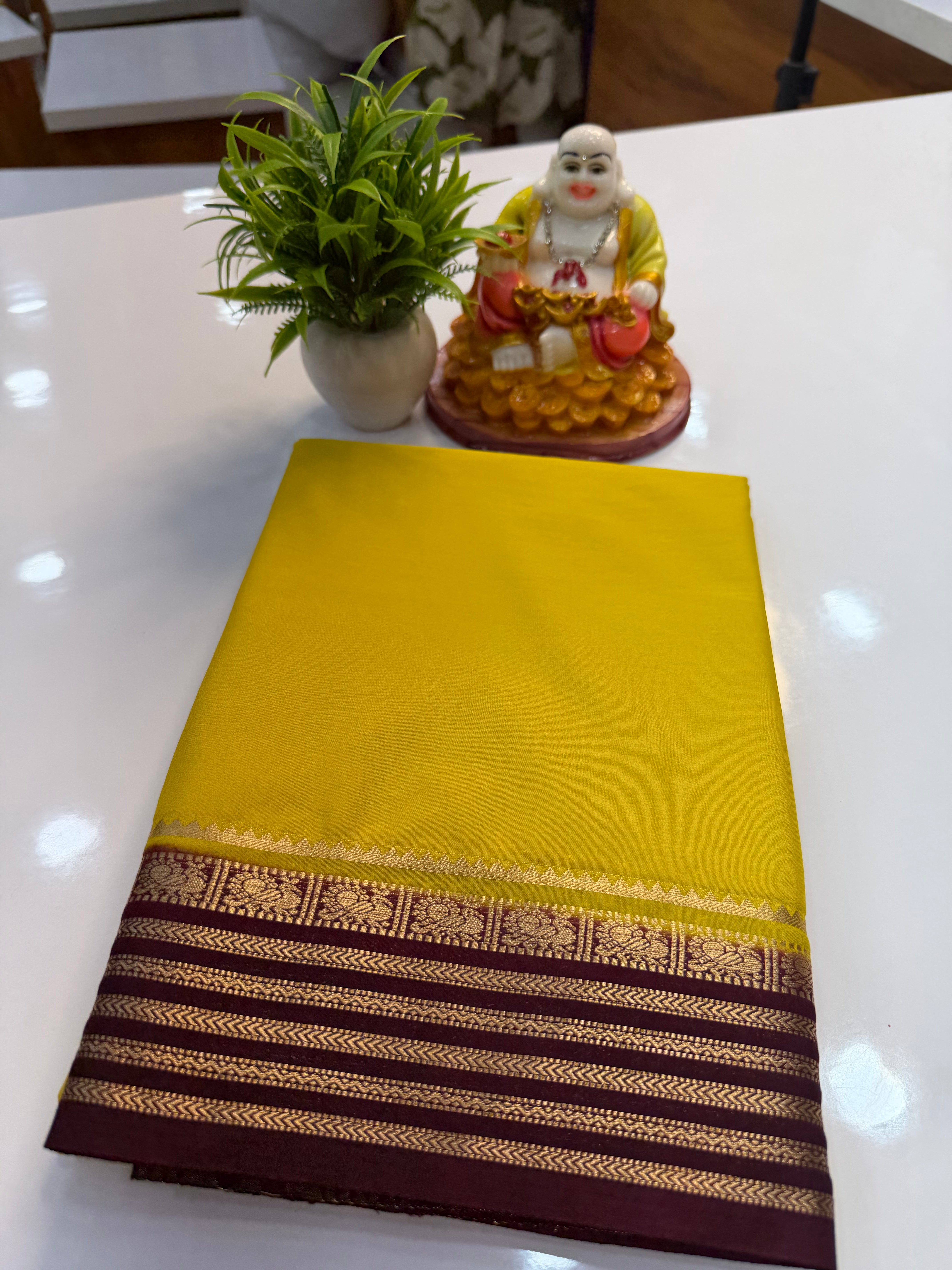 Mysore Crepe Silk Saree with Peacock Border – Shopify Product Description
