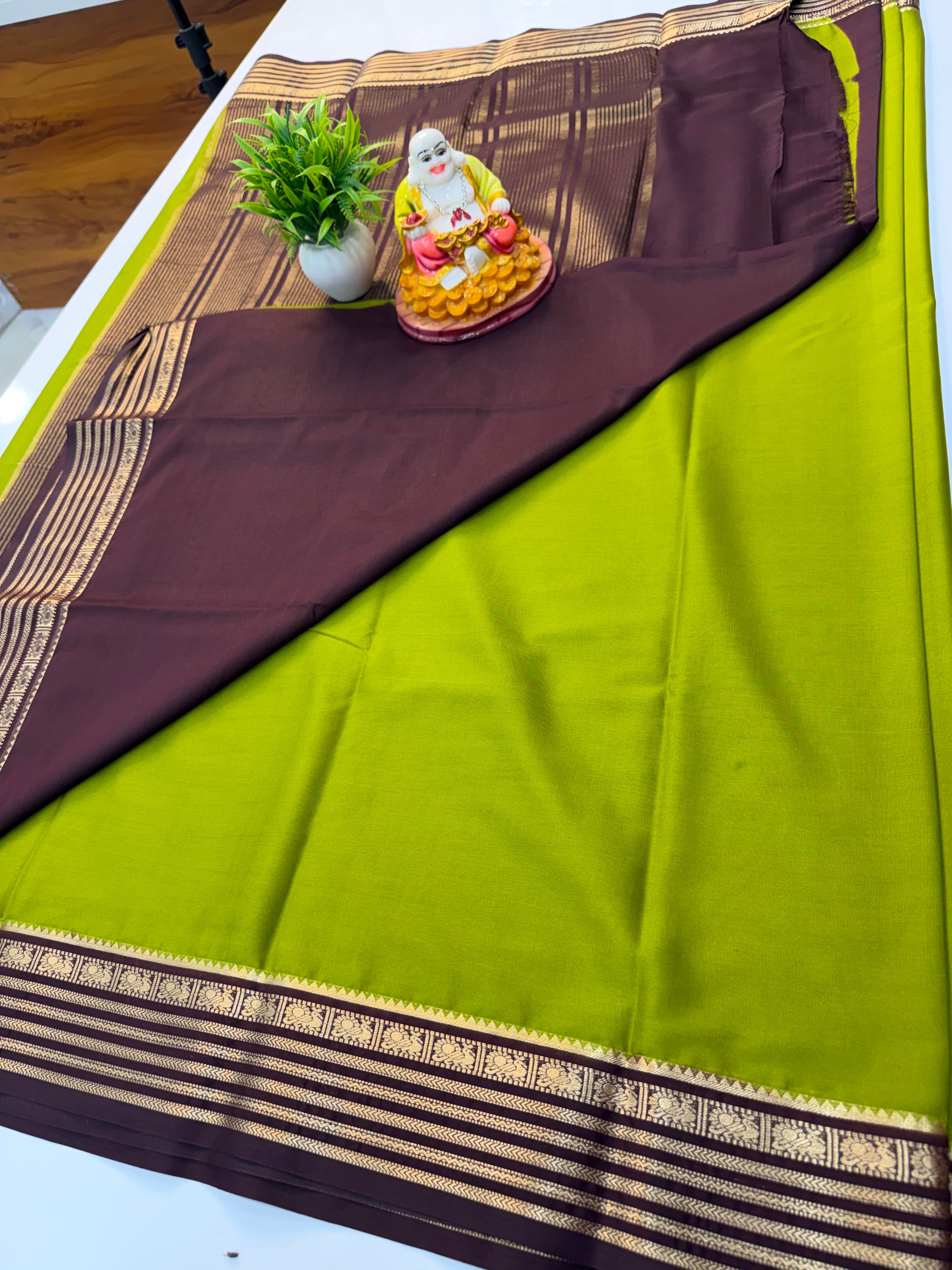Mysore Crepe Silk Saree with Peacock Border – Shopify Product Description