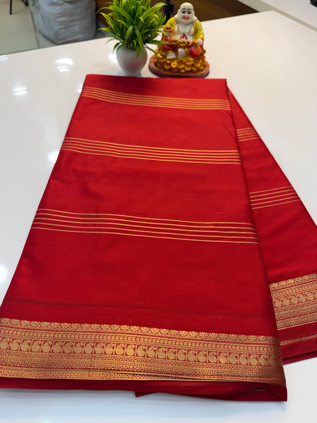 Mysore Crepe Silk Saree with Mango Border & Stripes