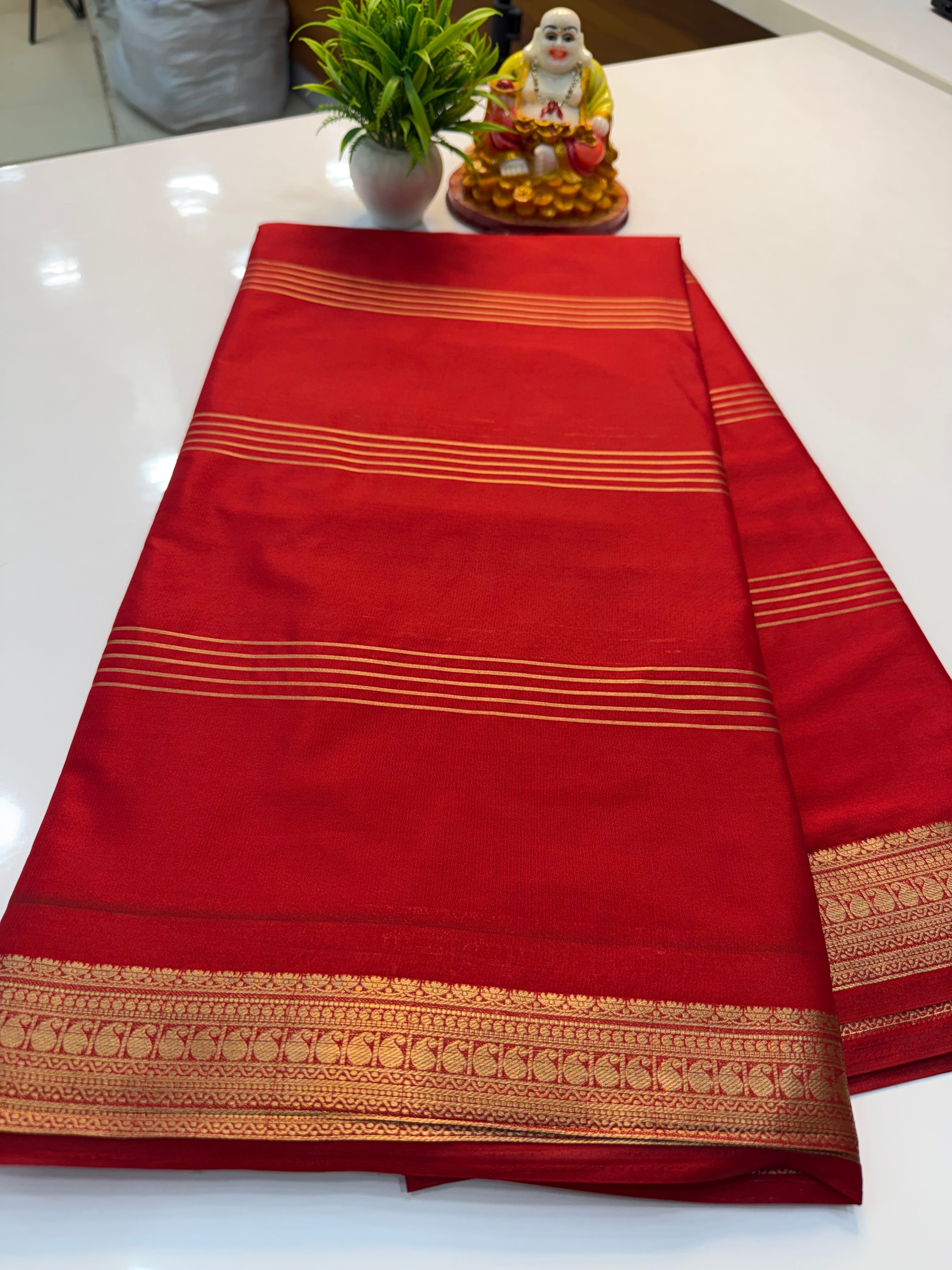 Mysore Crepe Silk Saree with Mango Border & Stripes