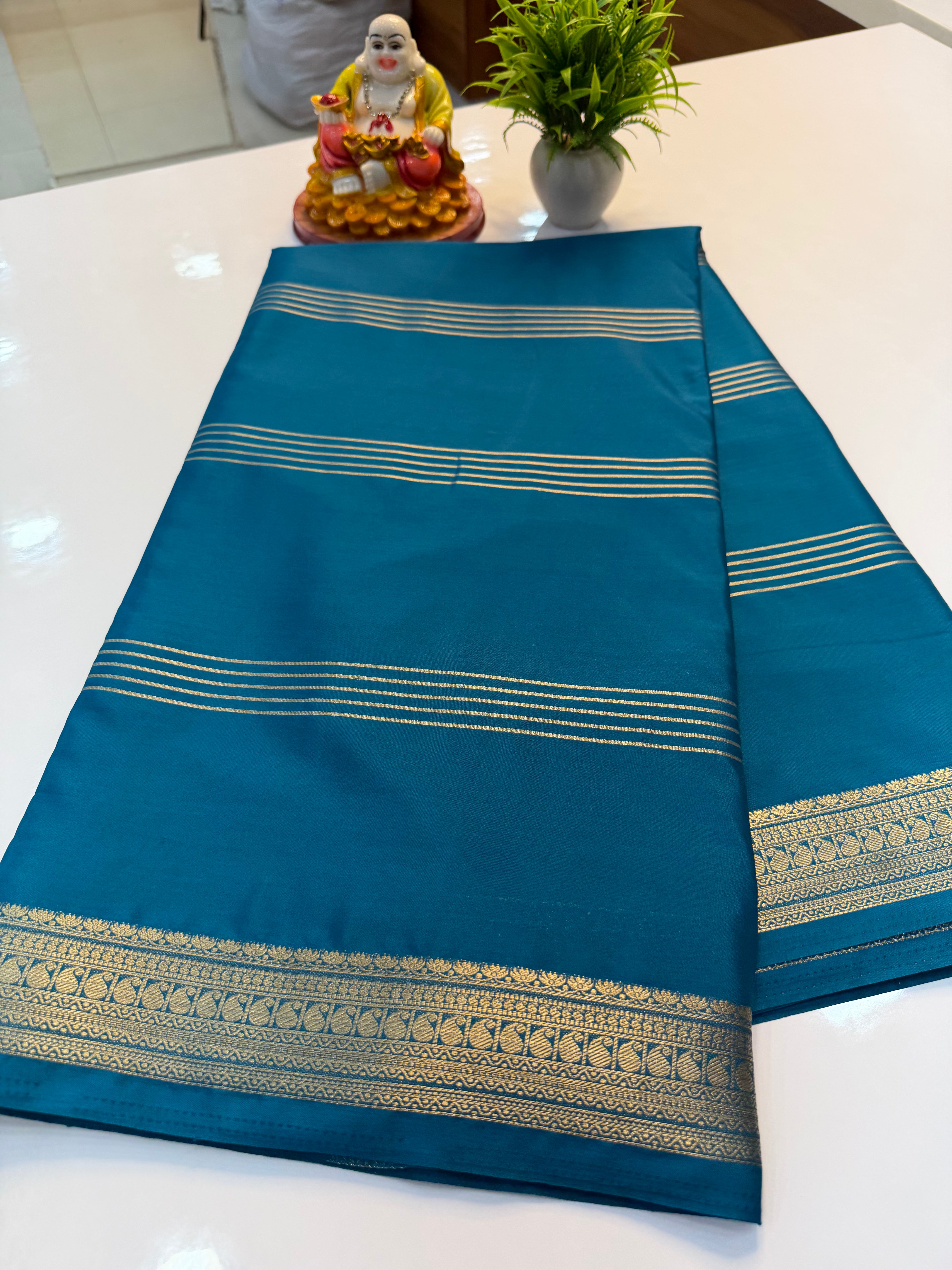 Mysore Crepe Silk Saree with Mango Border & Stripes