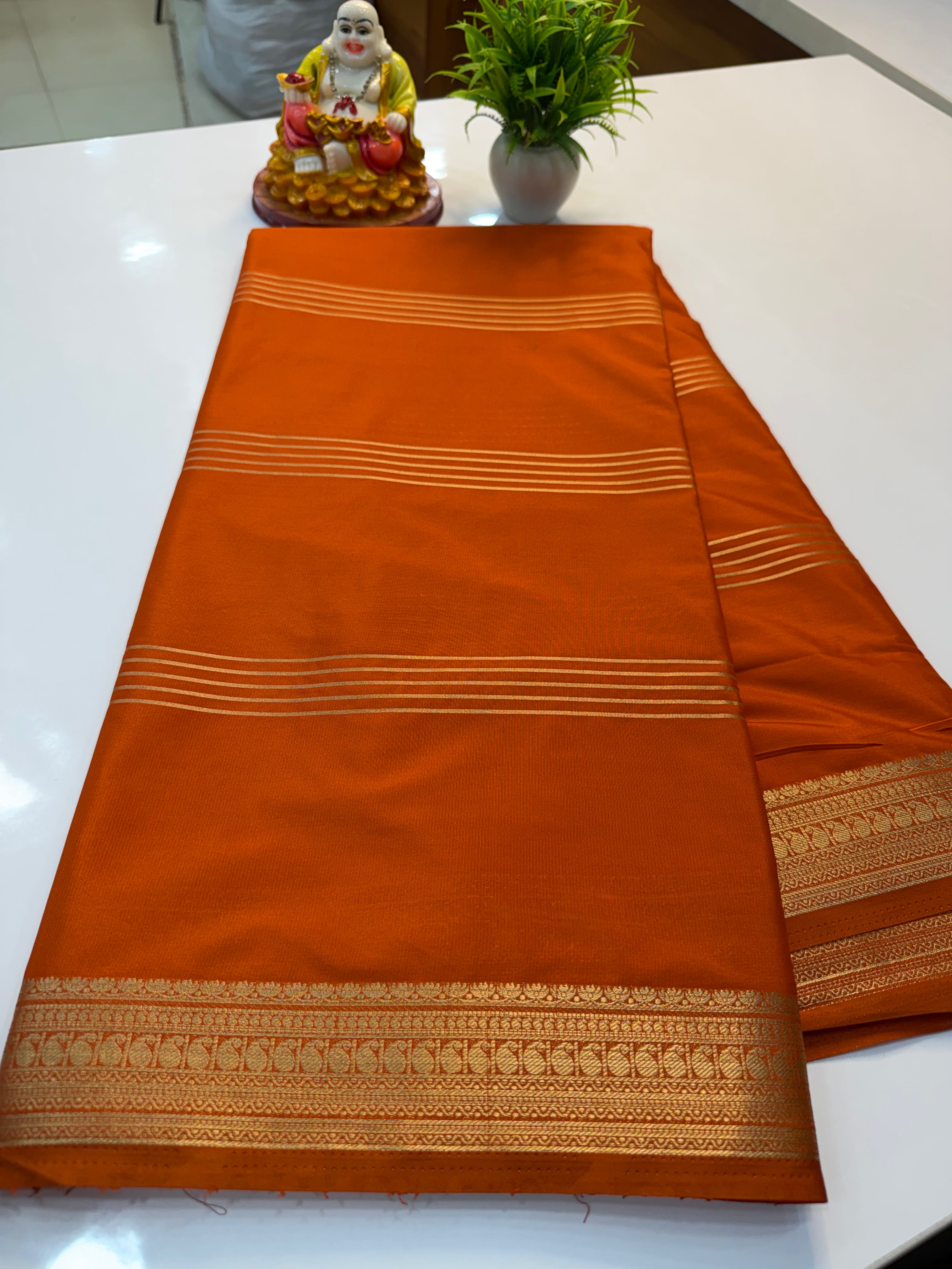 Mysore Crepe Silk Saree with Mango Border & Stripes