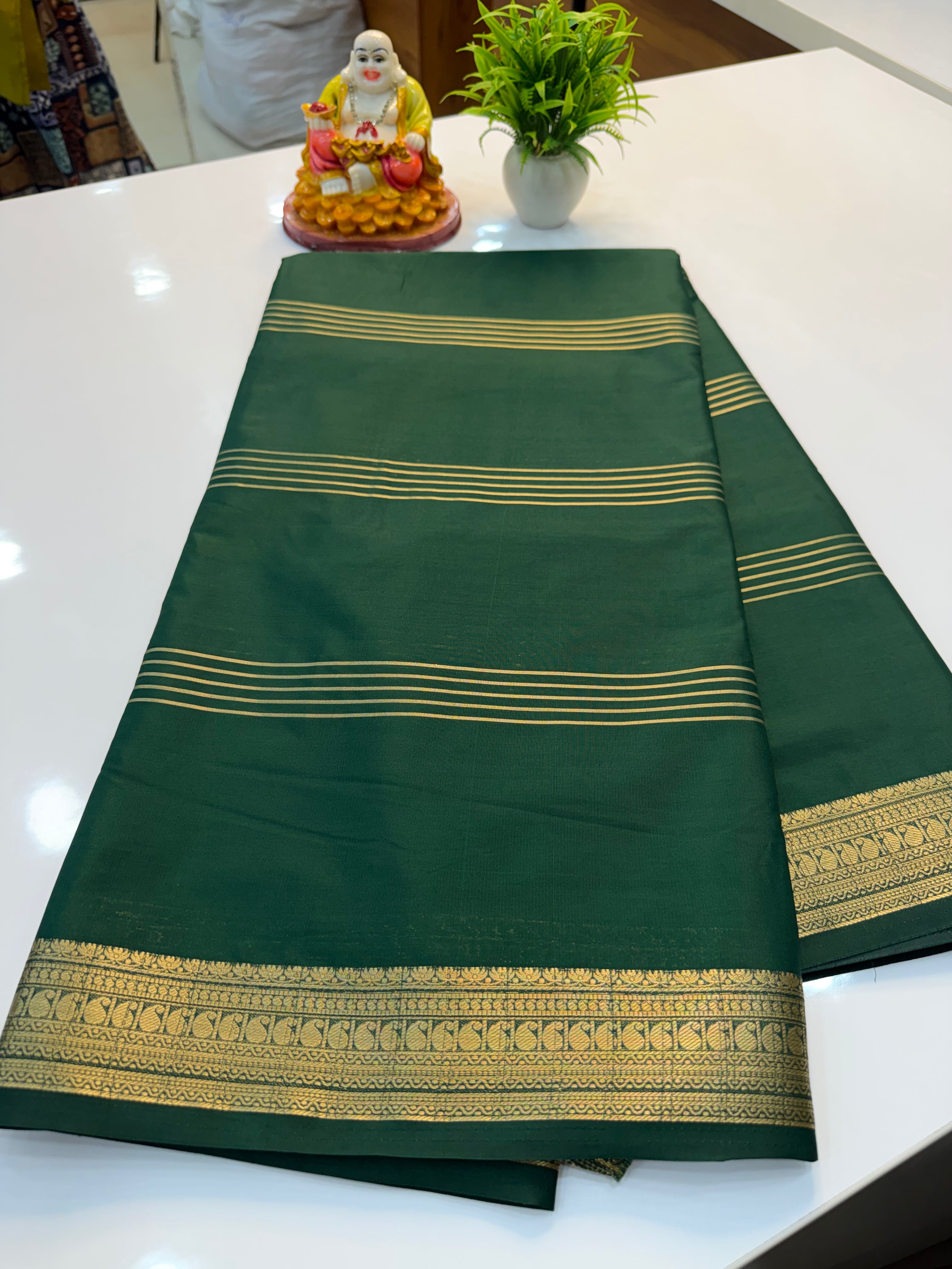 Mysore Crepe Silk Saree with Mango Border & Stripes