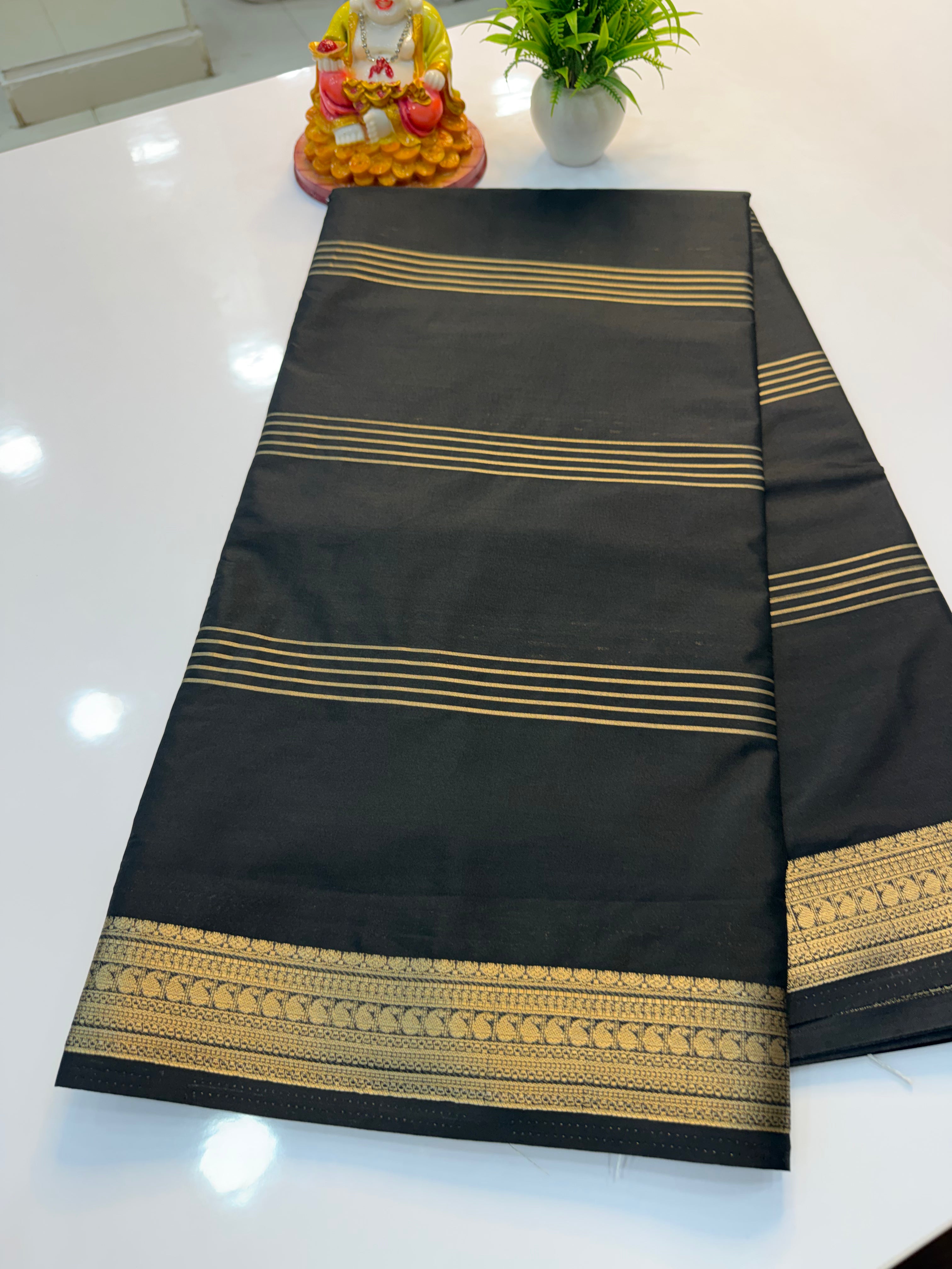 Mysore Crepe Silk Saree with Mango Border & Stripes