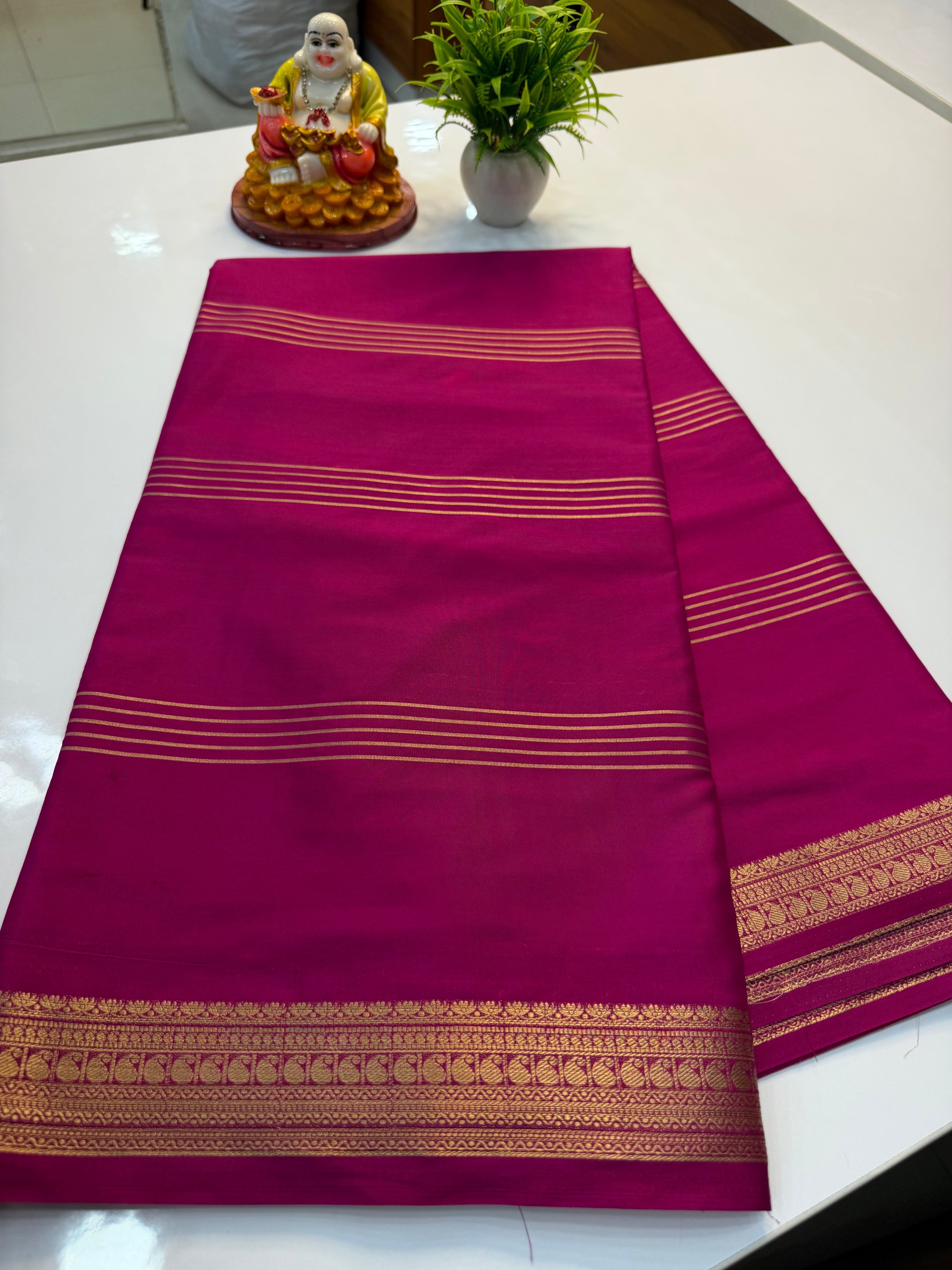 Mysore Crepe Silk Saree with Mango Border & Stripes