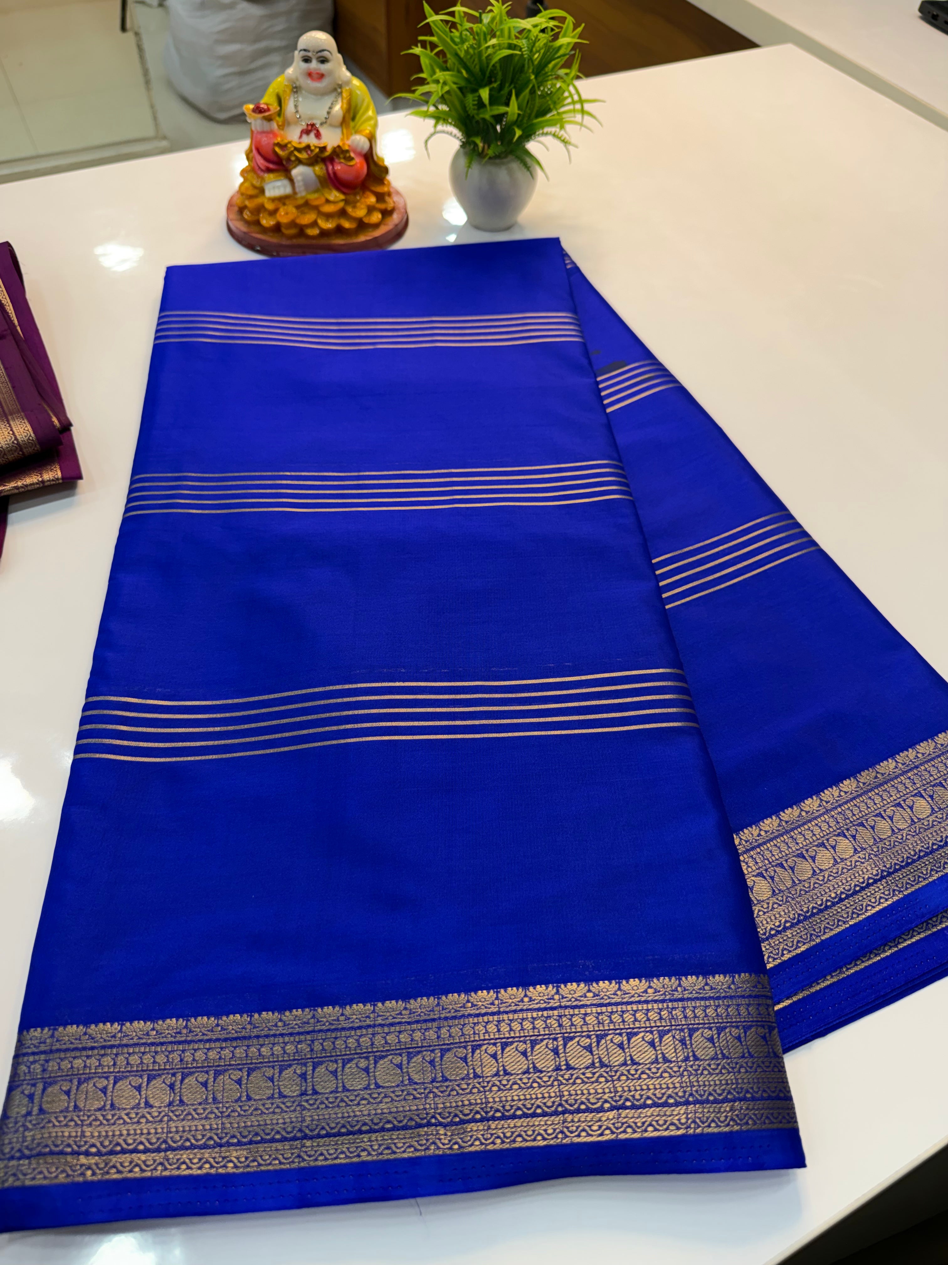 Mysore Crepe Silk Saree with Mango Border & Stripes