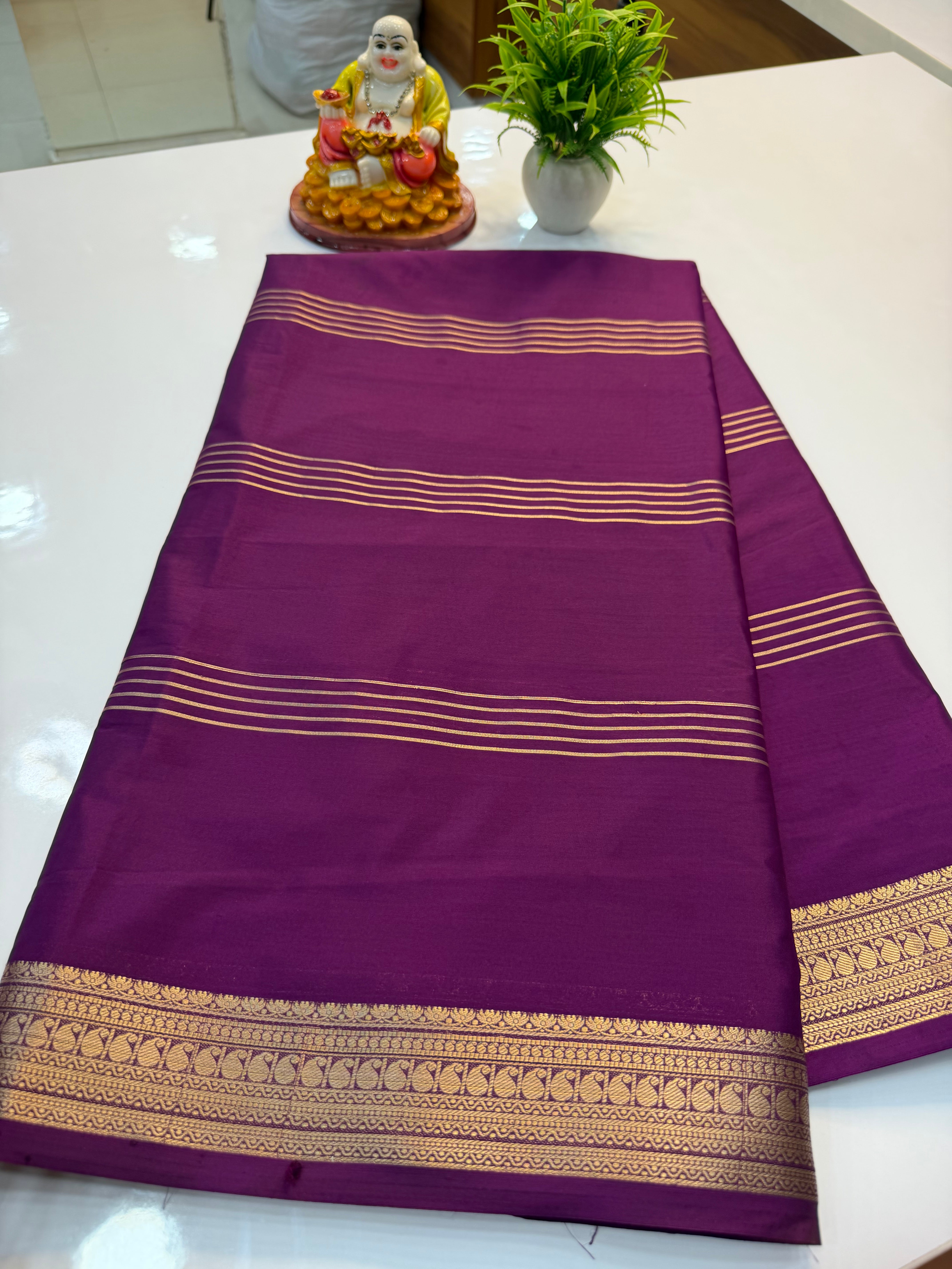 Mysore Crepe Silk Saree with Mango Border & Stripes