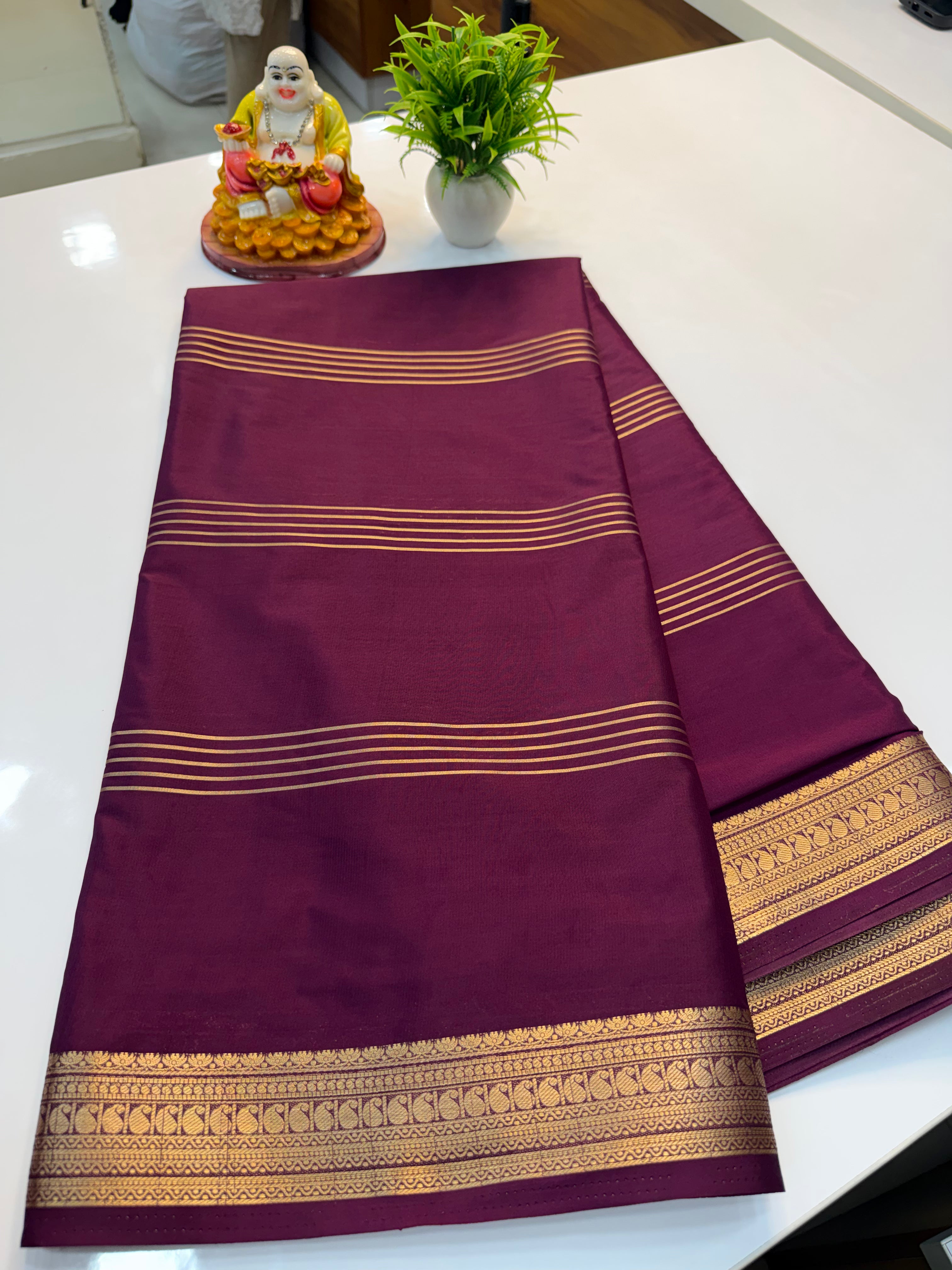 Mysore Crepe Silk Saree with Mango Border & Stripes