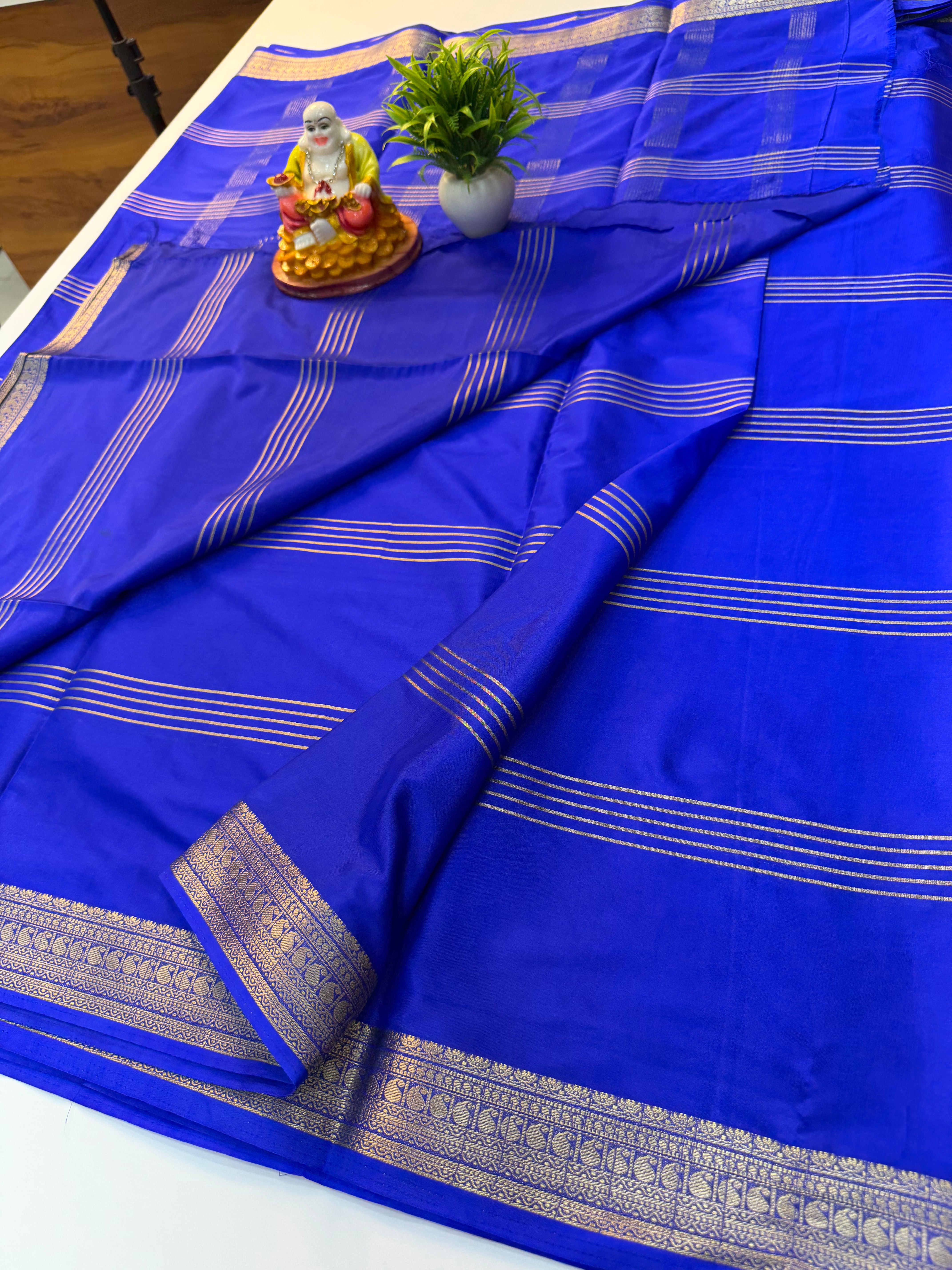 Mysore Crepe Silk Saree with Mango Border & Stripes