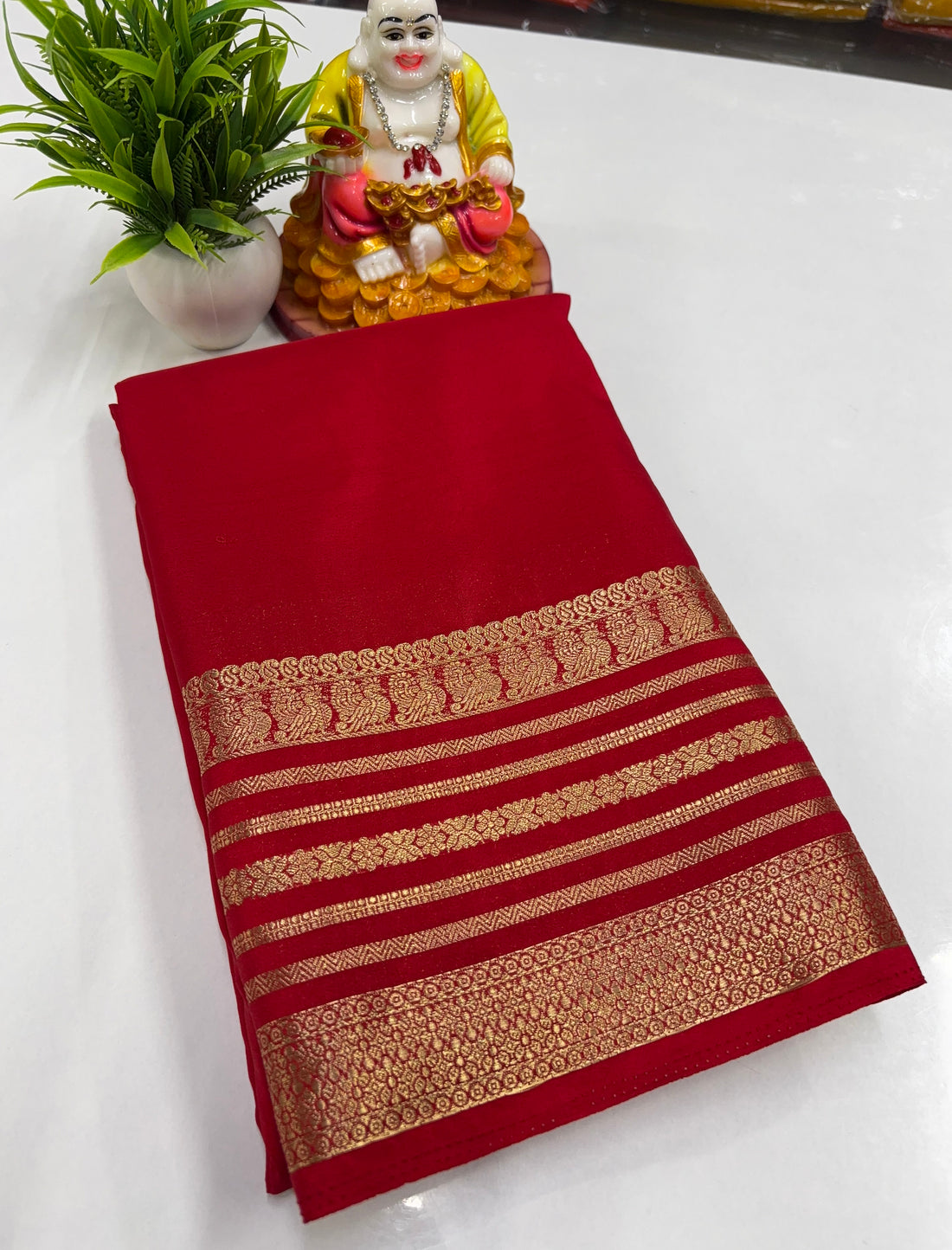 Mysore Crepe Silk Saree with Beautiful Peacock Border – Padmavathi Silks & Sarees