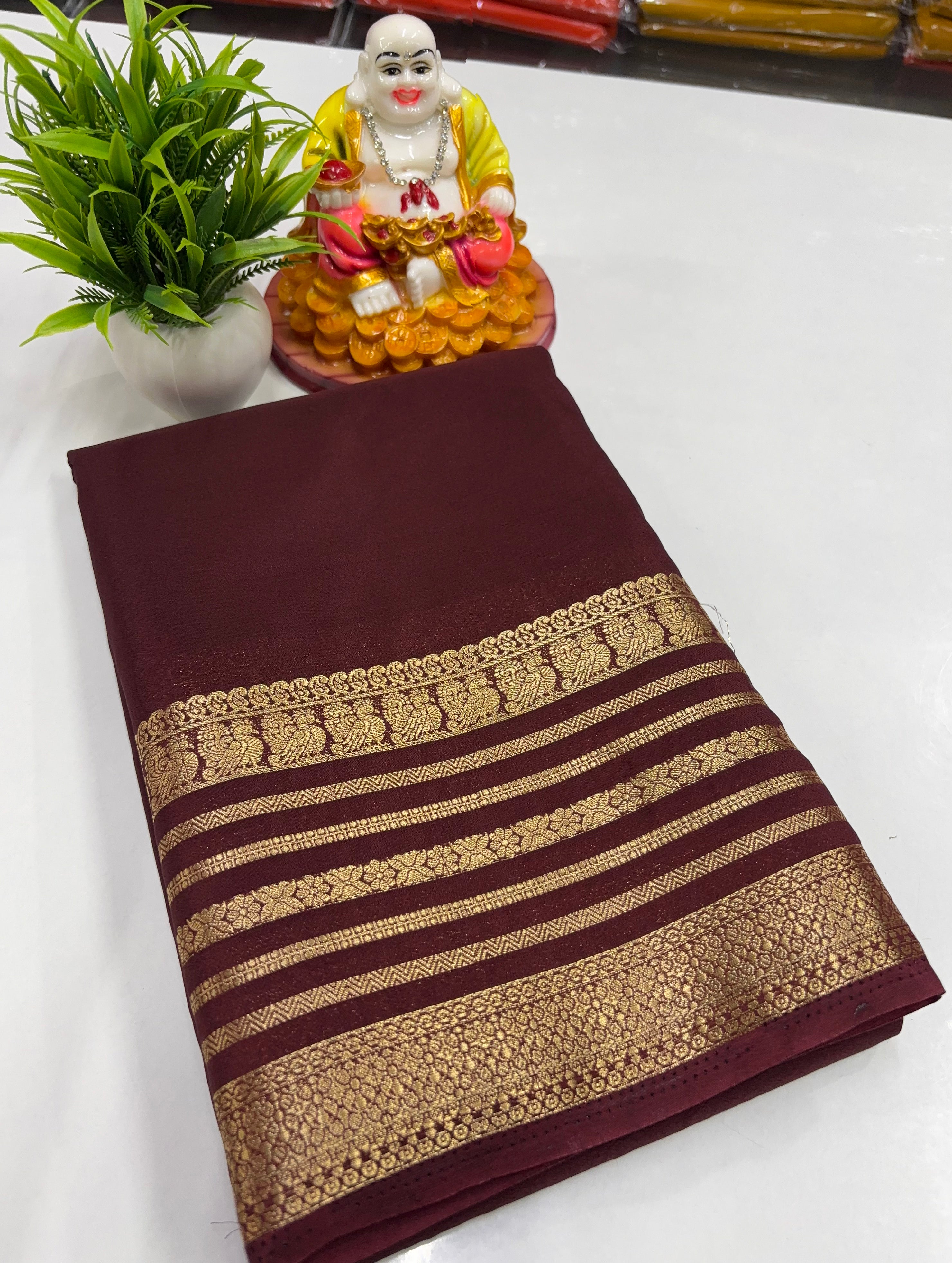 Mysore Crepe Silk Saree with Beautiful Peacock Border – Padmavathi Silks & Sarees