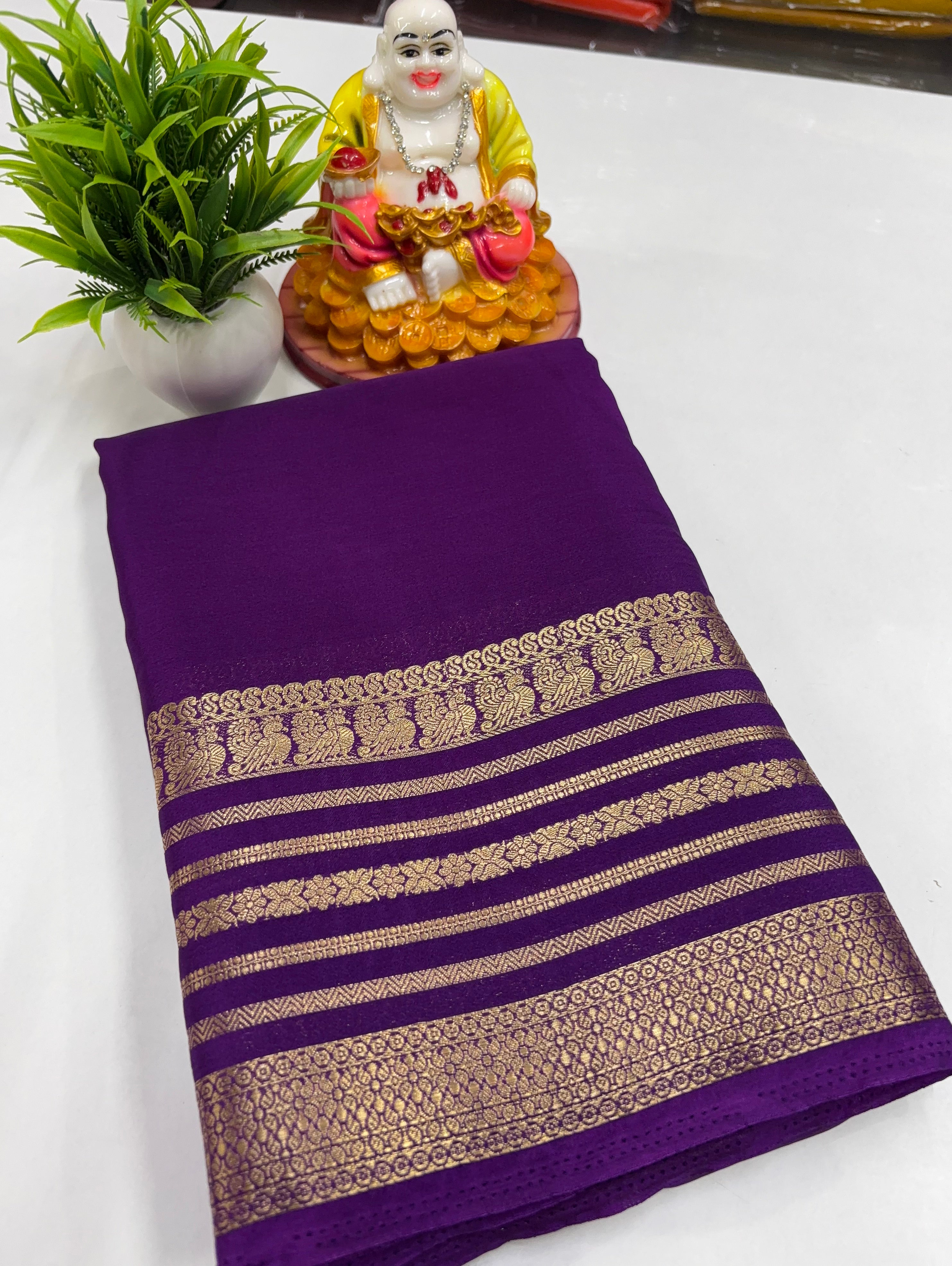 Mysore Crepe Silk Saree with Beautiful Peacock Border – Padmavathi Silks & Sarees