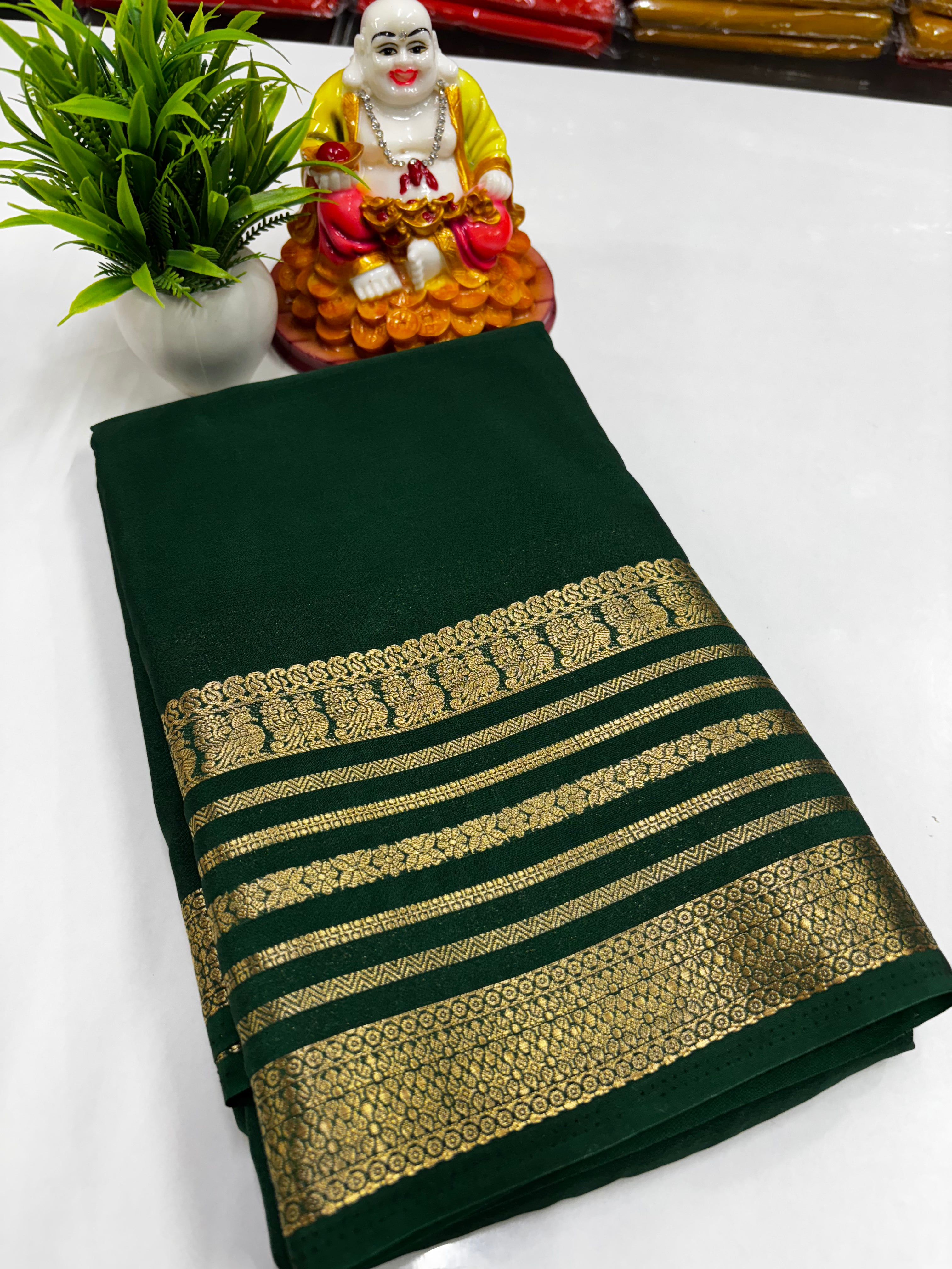 Mysore Crepe Silk Saree with Beautiful Peacock Border – Padmavathi Silks & Sarees