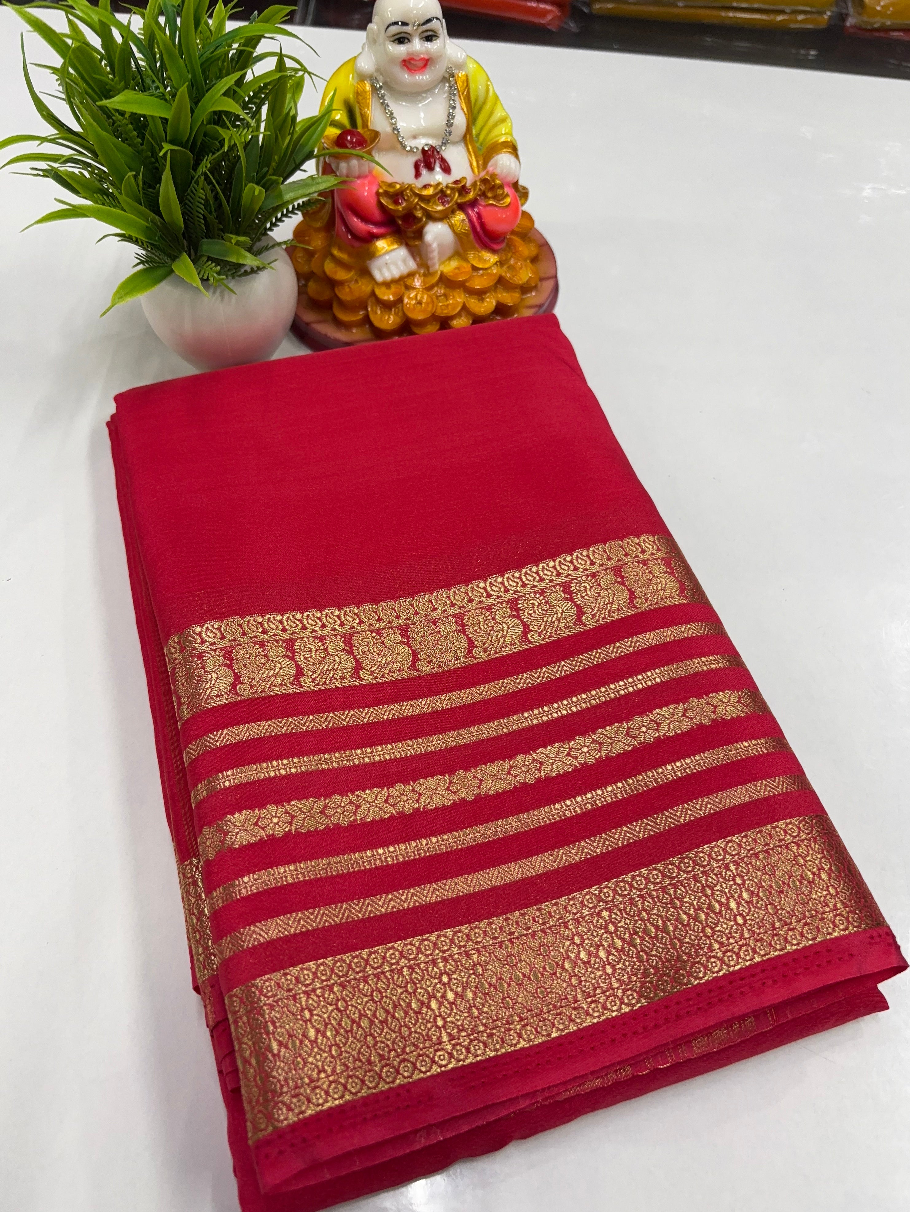 Mysore Crepe Silk Saree with Beautiful Peacock Border – Padmavathi Silks & Sarees