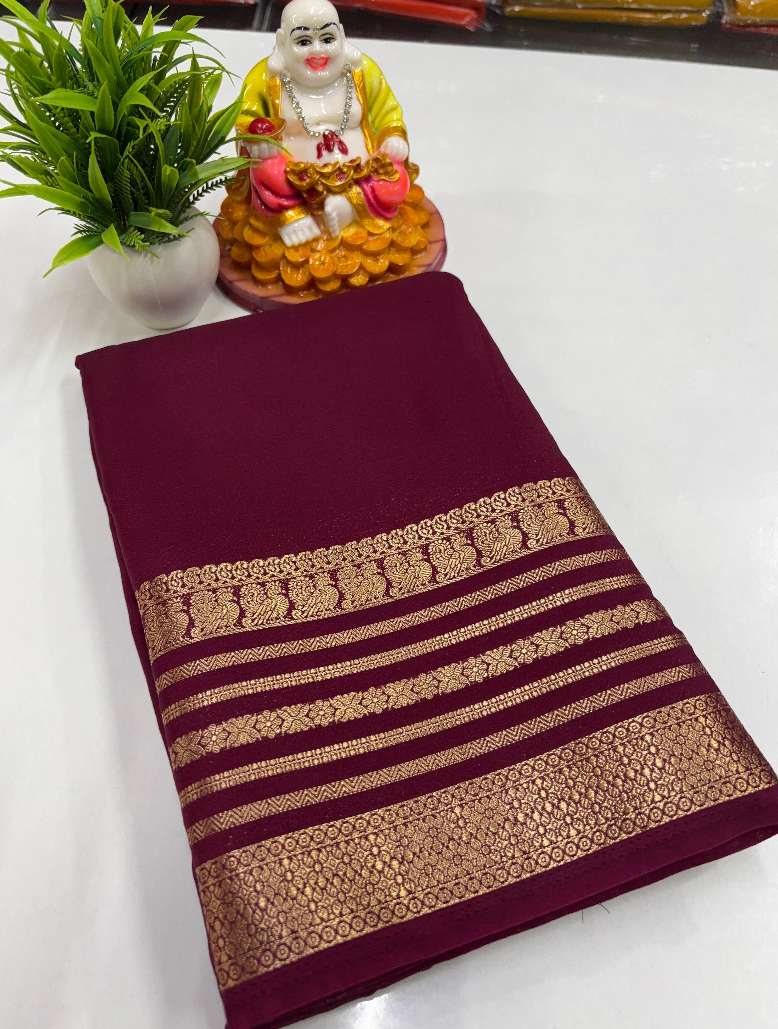Mysore Crepe Silk Saree with Beautiful Peacock Border – Padmavathi Silks & Sarees