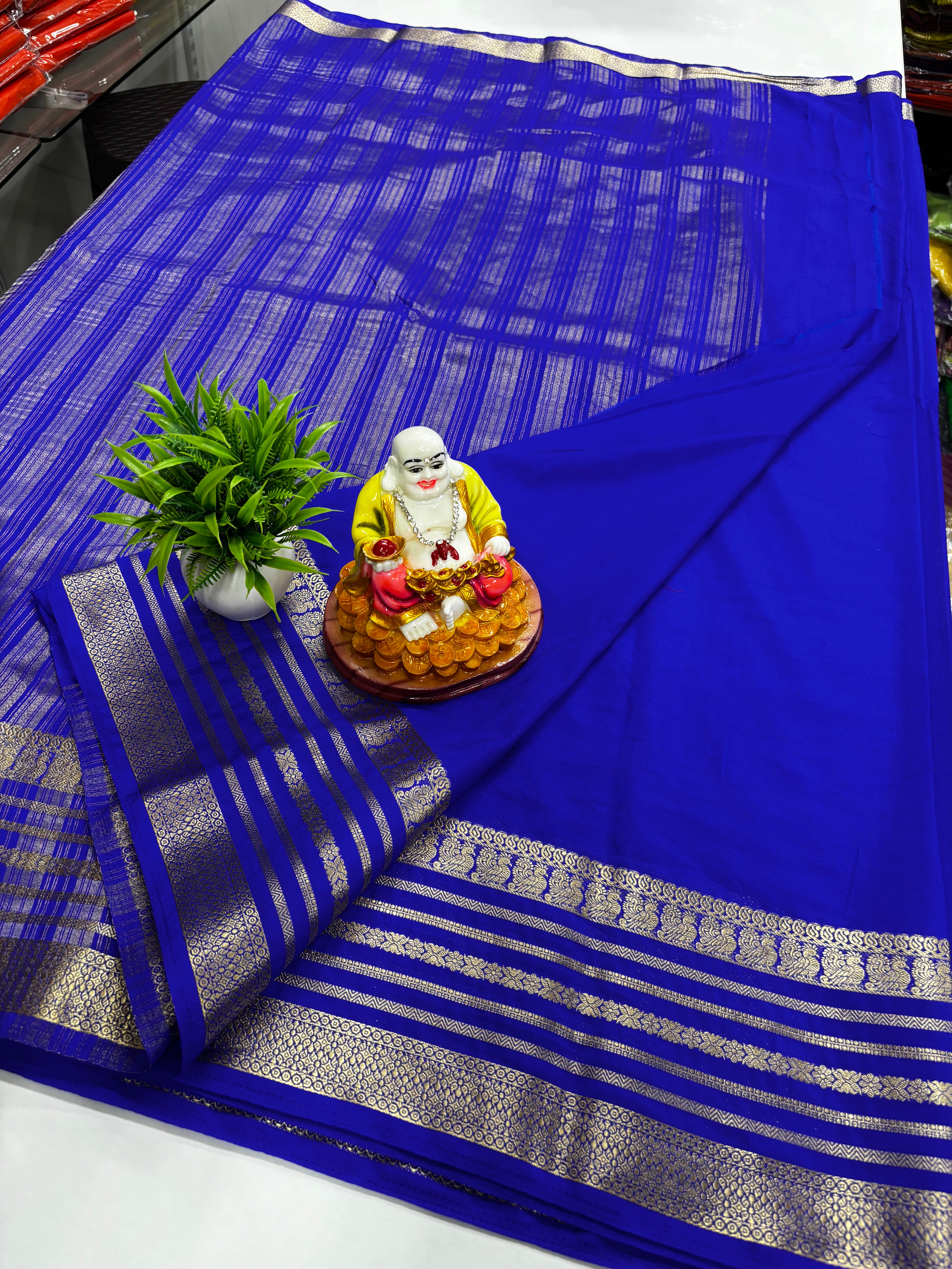 Mysore Crepe Silk Saree with Beautiful Peacock Border – Padmavathi Silks & Sarees