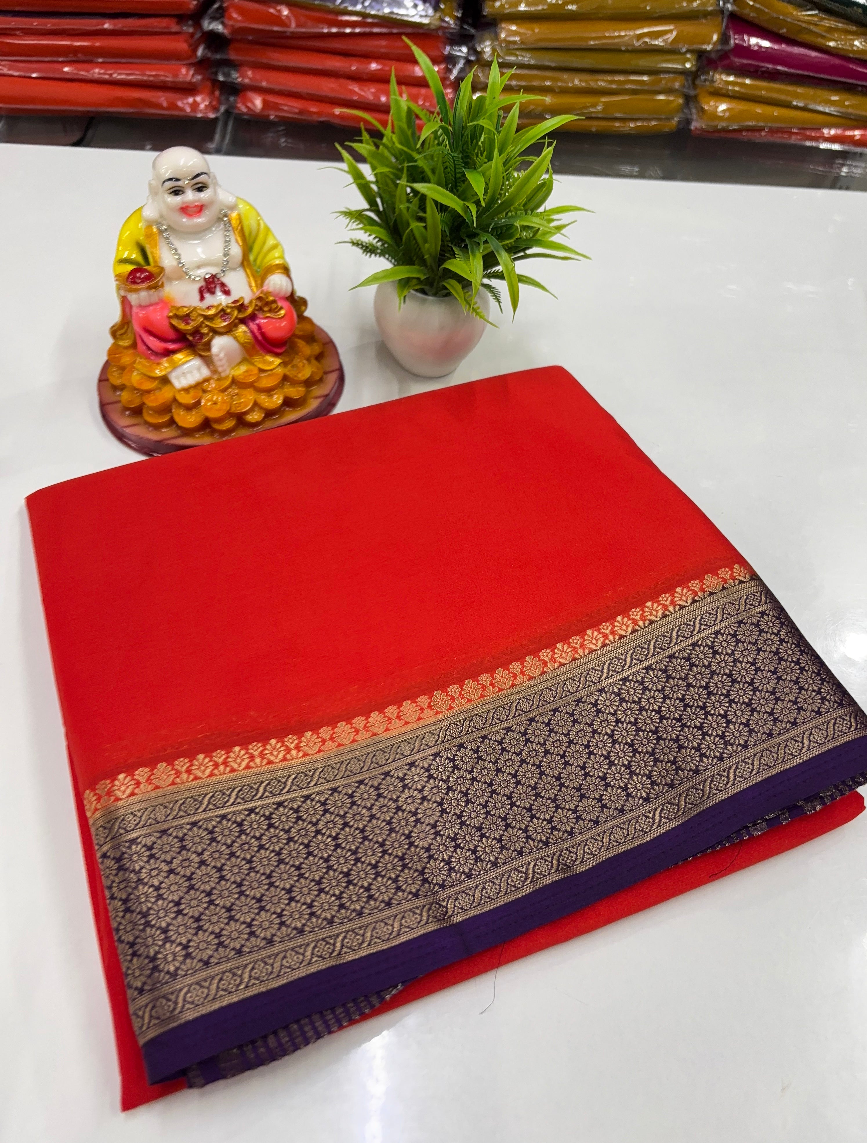 Mysore Crepe Silk Saree with Beautiful Contrast Pallu & Blouse – Made from Padmavathi Silks and Sarees ✨