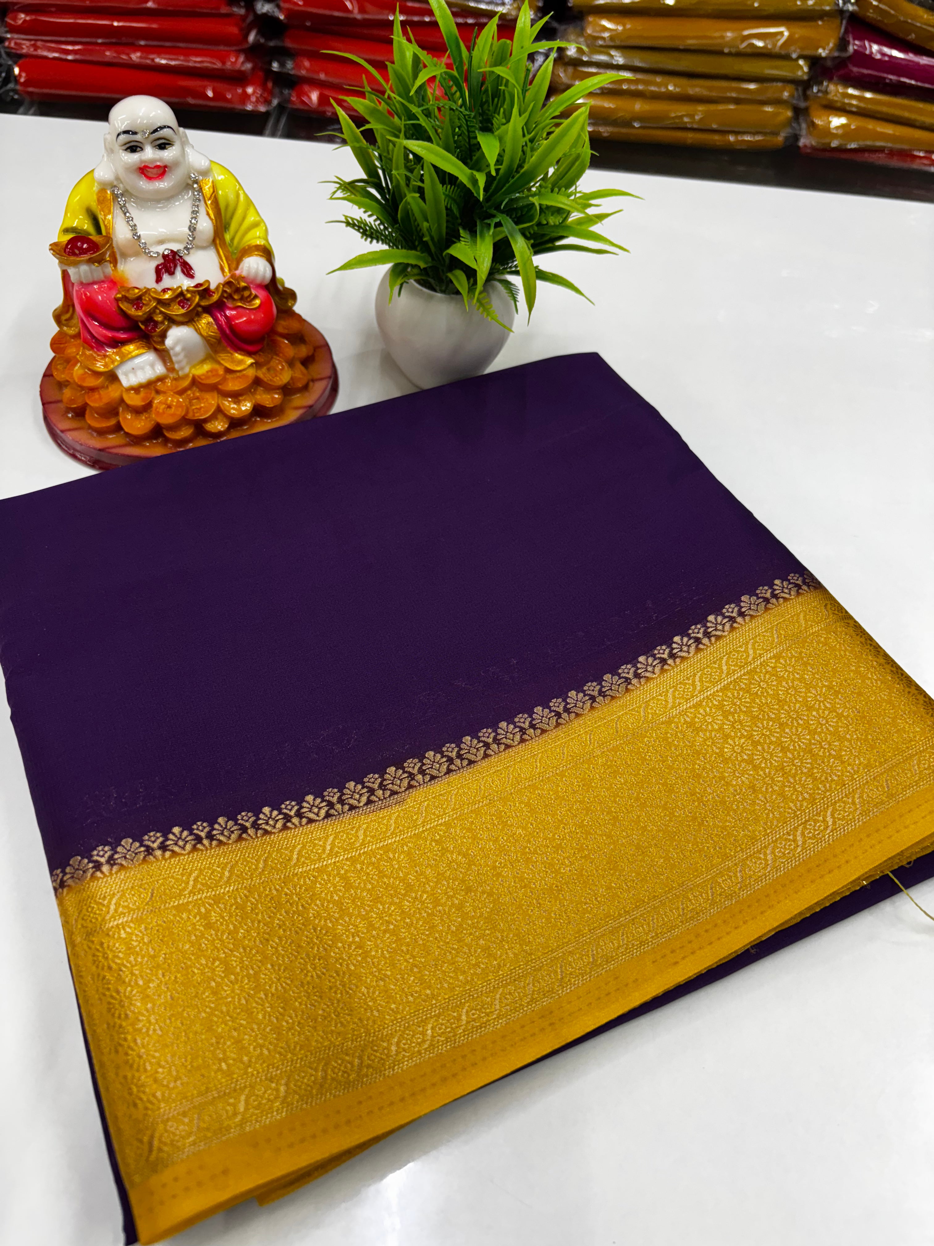 Mysore Crepe Silk Saree with Beautiful Contrast Pallu & Blouse – Made from Padmavathi Silks and Sarees ✨