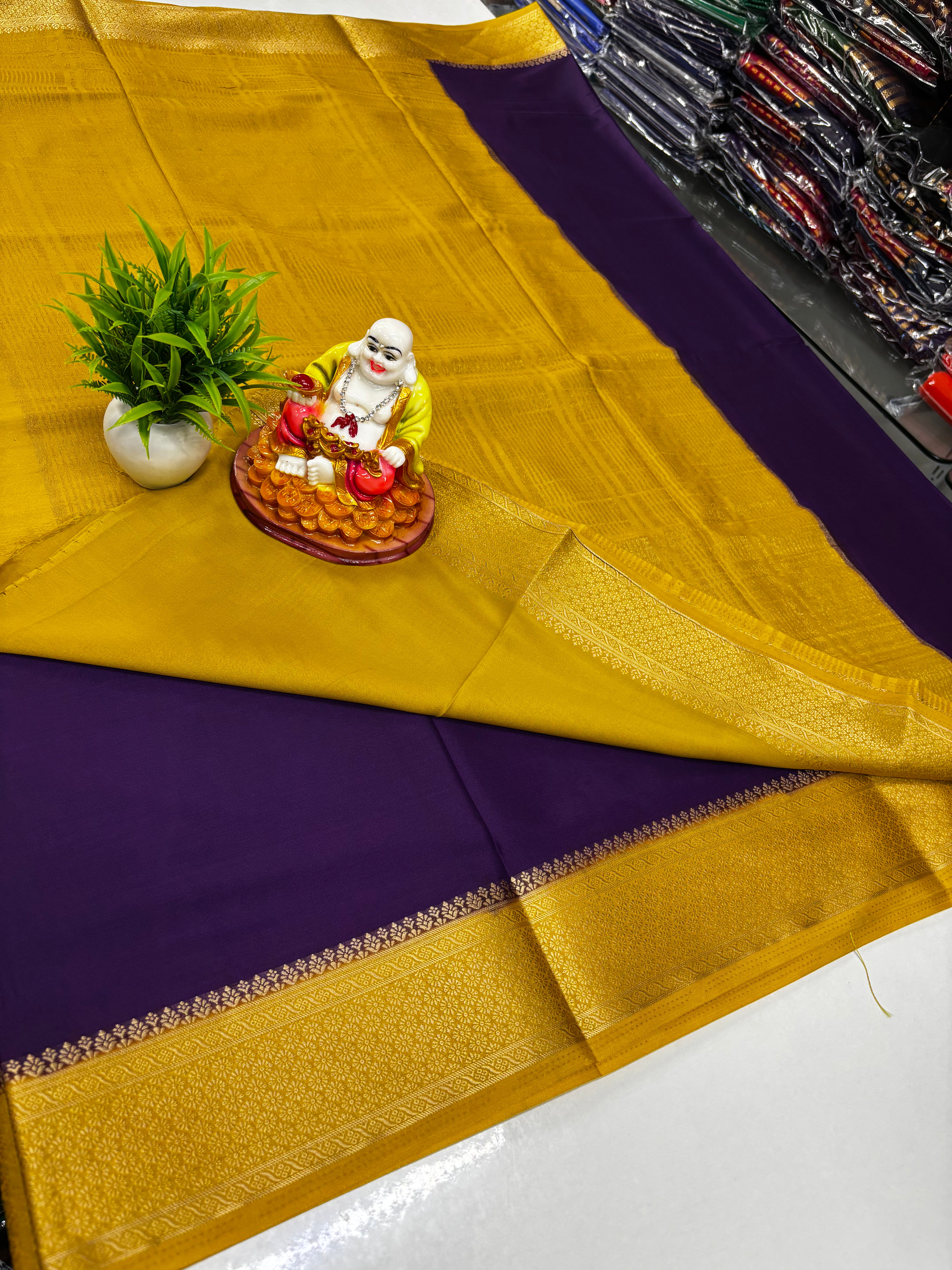 Mysore Crepe Silk Saree with Beautiful Contrast Pallu & Blouse – Made from Padmavathi Silks and Sarees ✨