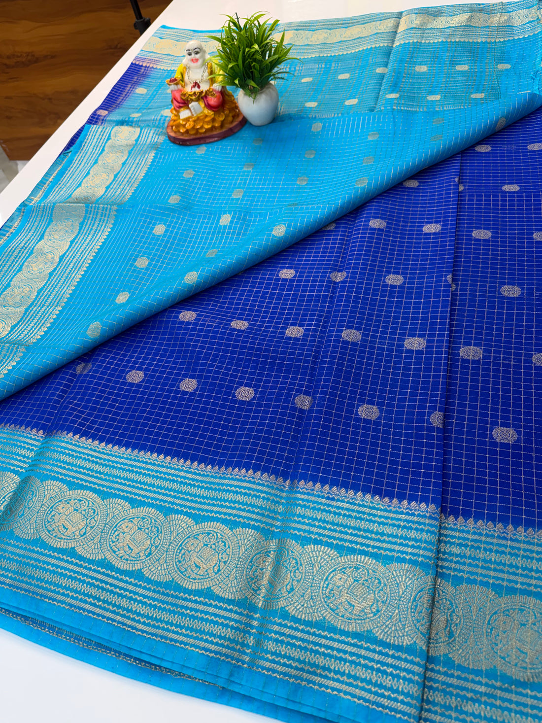 Mysore Crepe Silk Saree with Elephant Border, Checks & Buttas