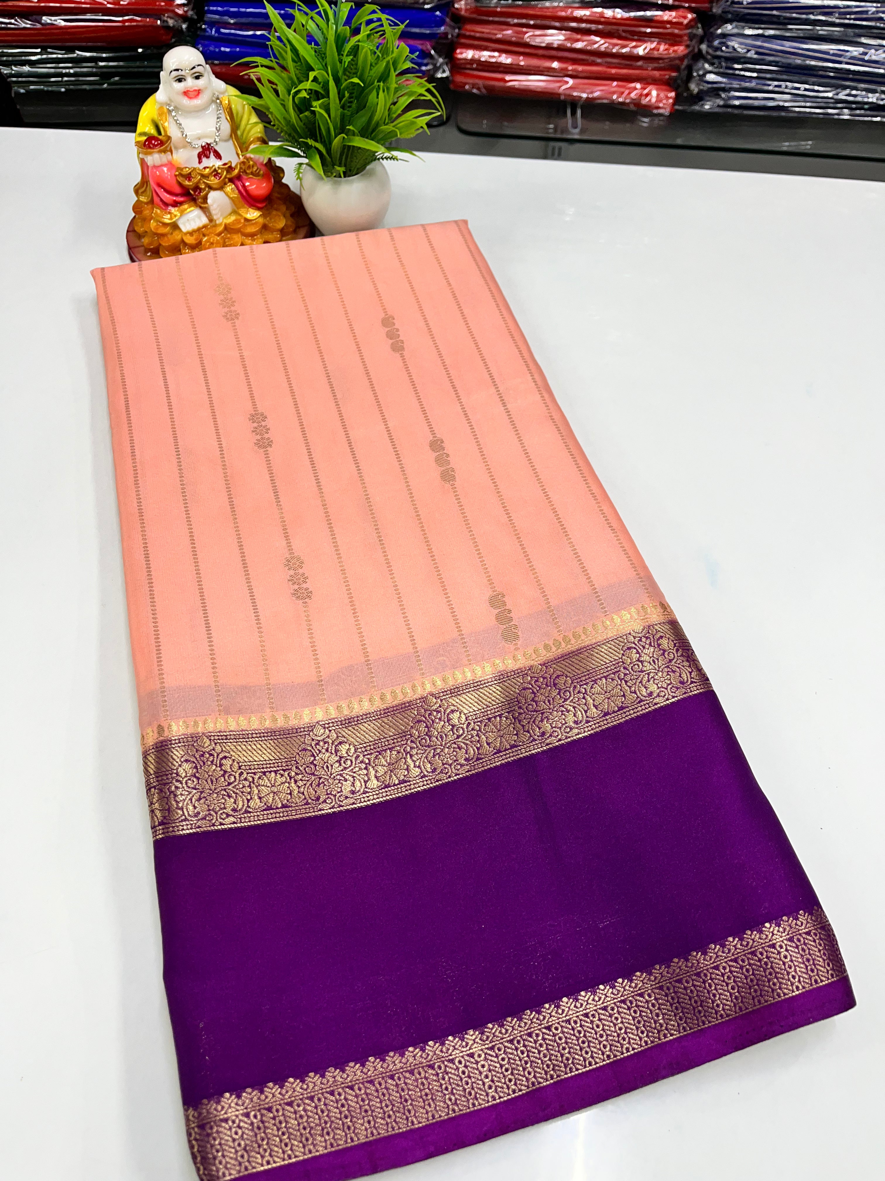 Premium Mysore Crepe Silk Saree with Rich Pallu and butta blouse