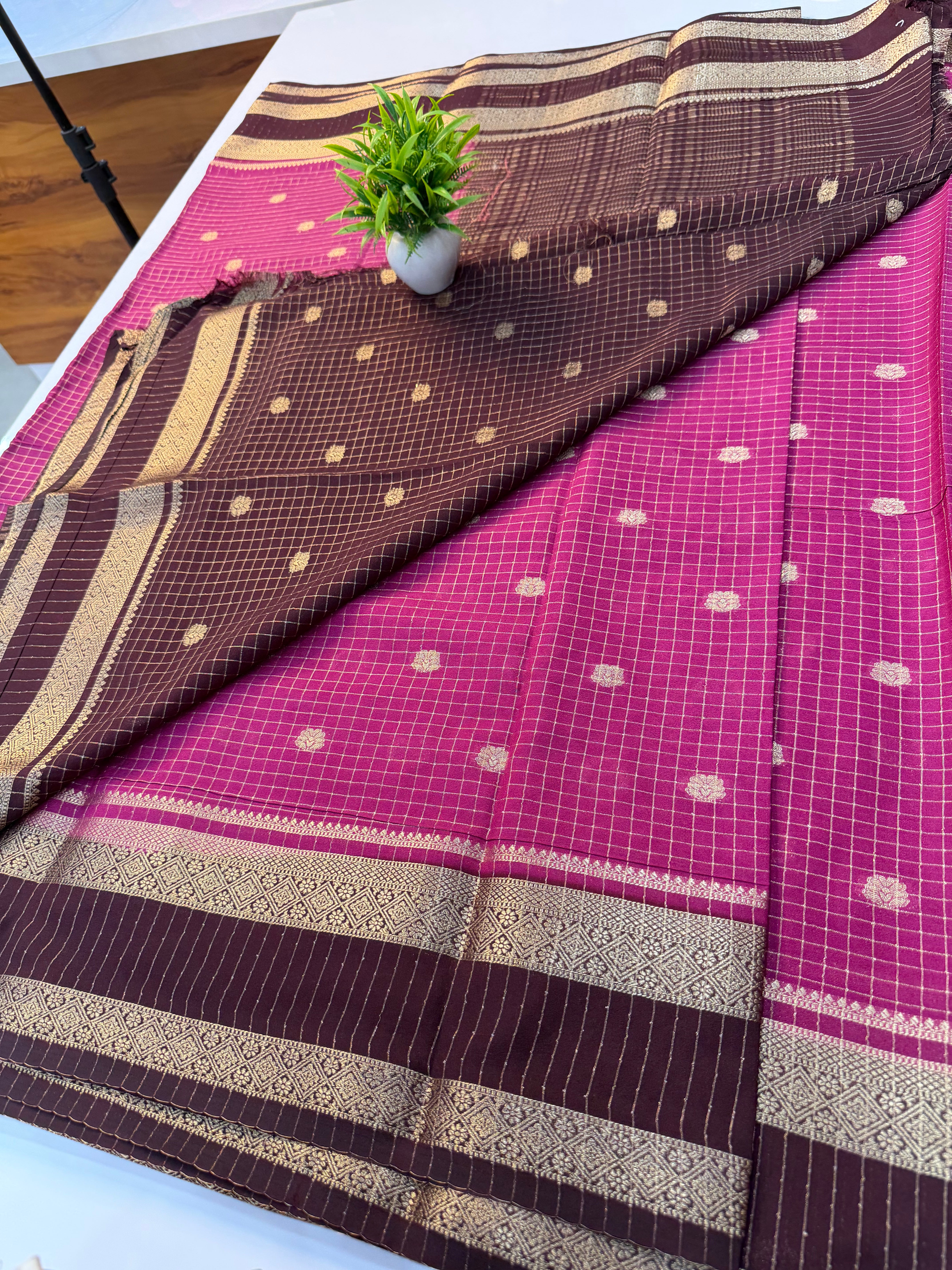 Mysore Crepe Silk Saree with Checks & Buttas