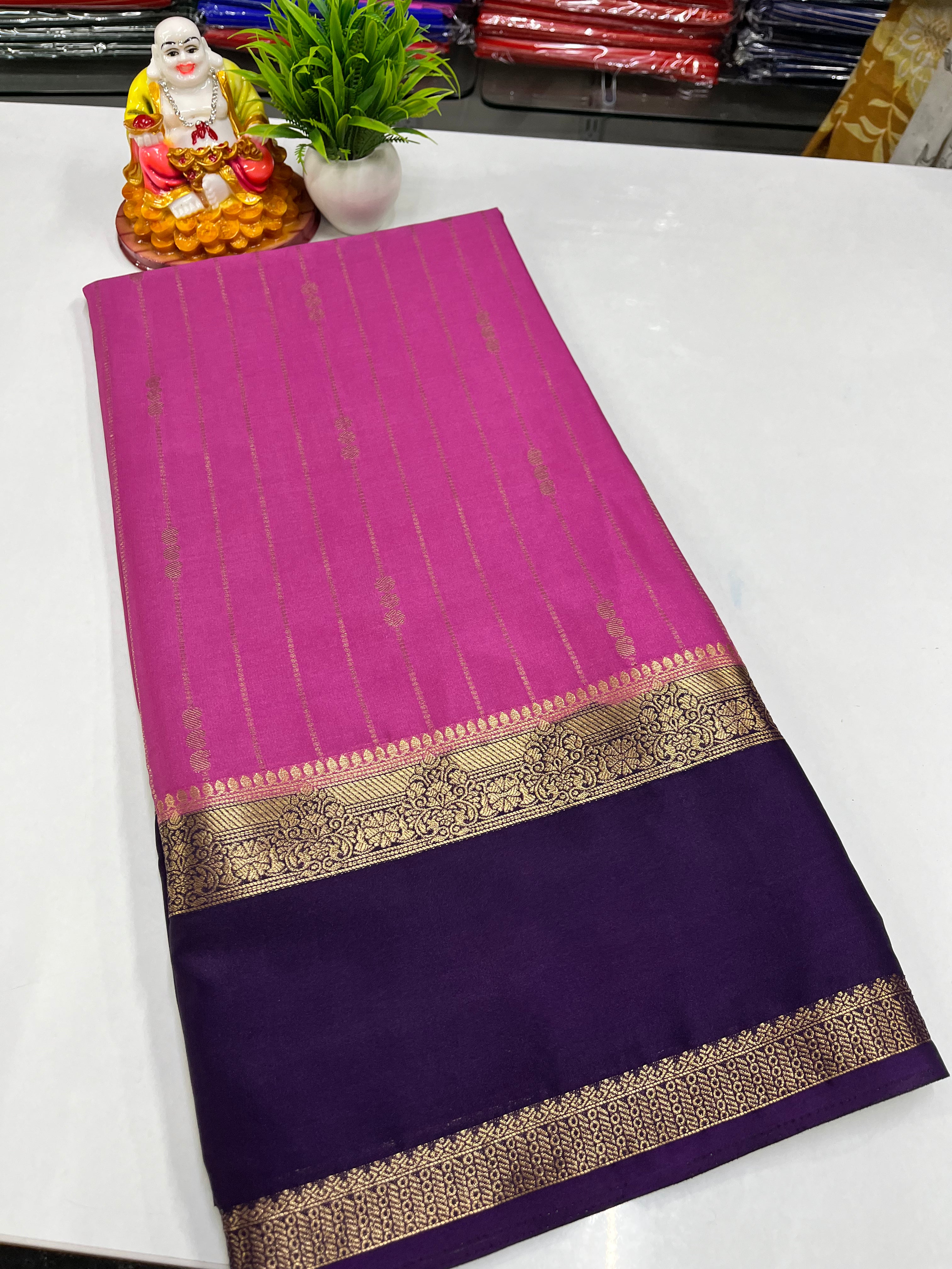 Premium Mysore Crepe Silk Saree with Rich Pallu and butta blouse