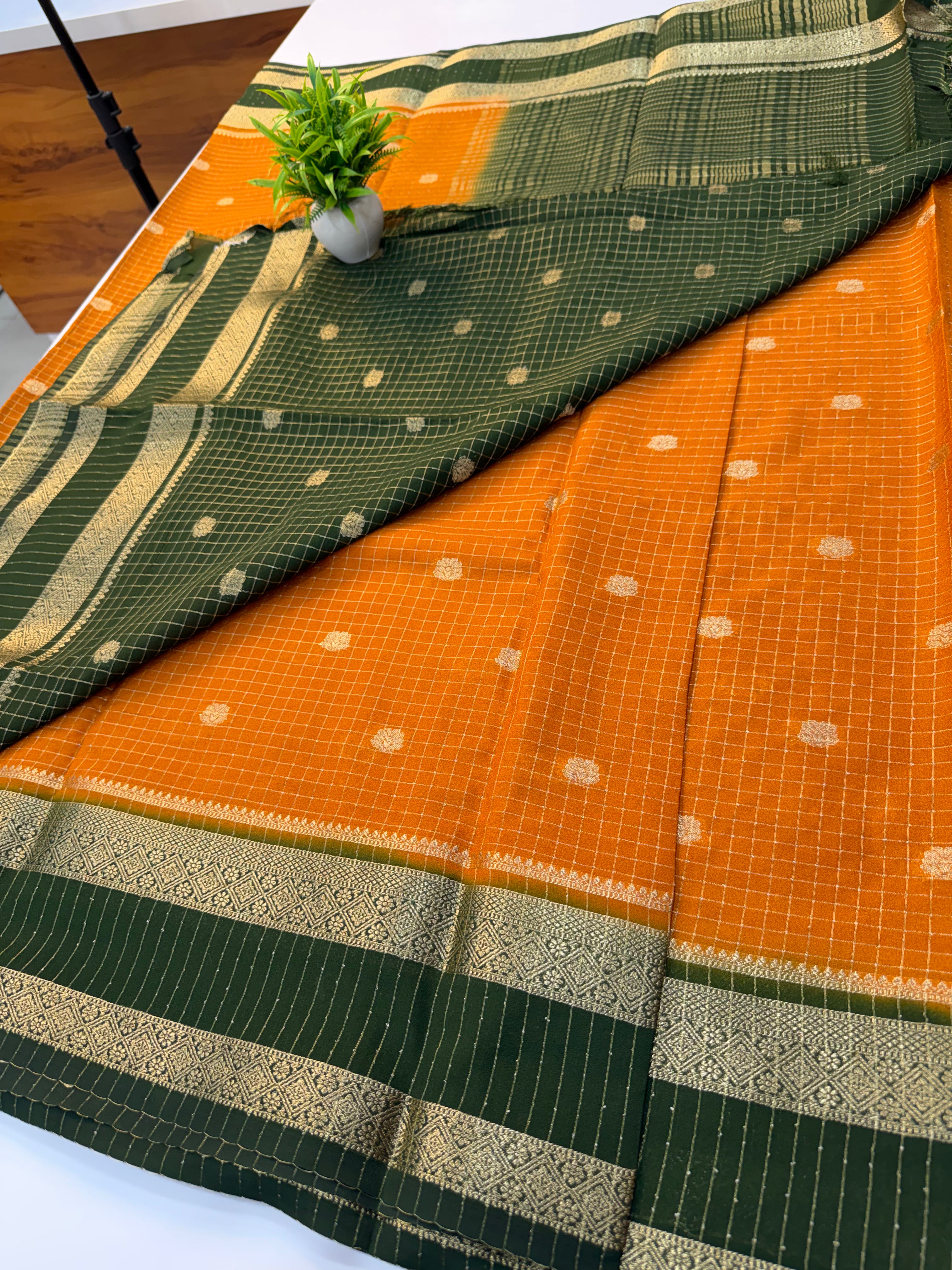 Mysore Crepe Silk Saree with Checks & Buttas