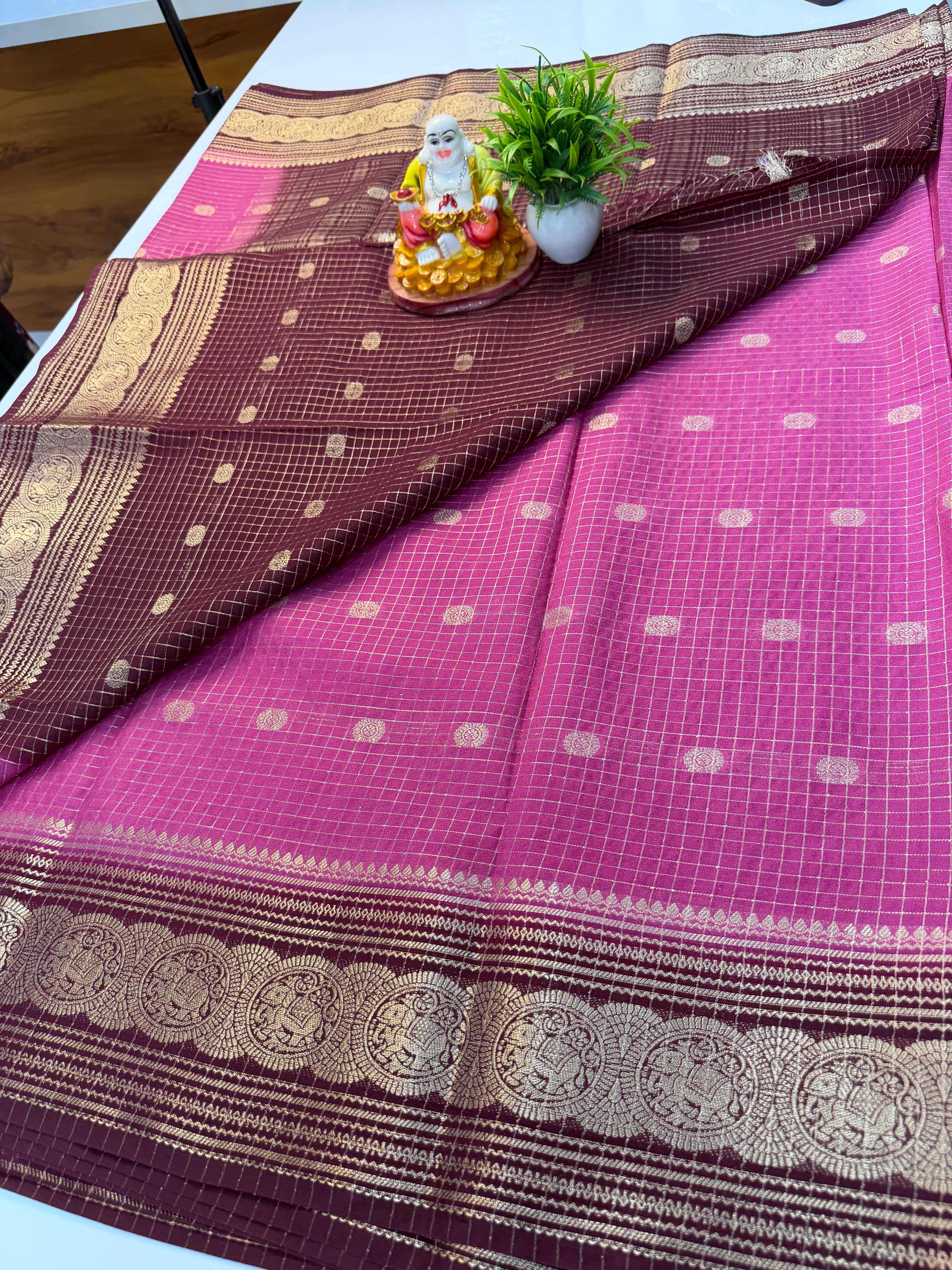 Mysore Crepe Silk Saree with Elephant Border, Checks & Buttas