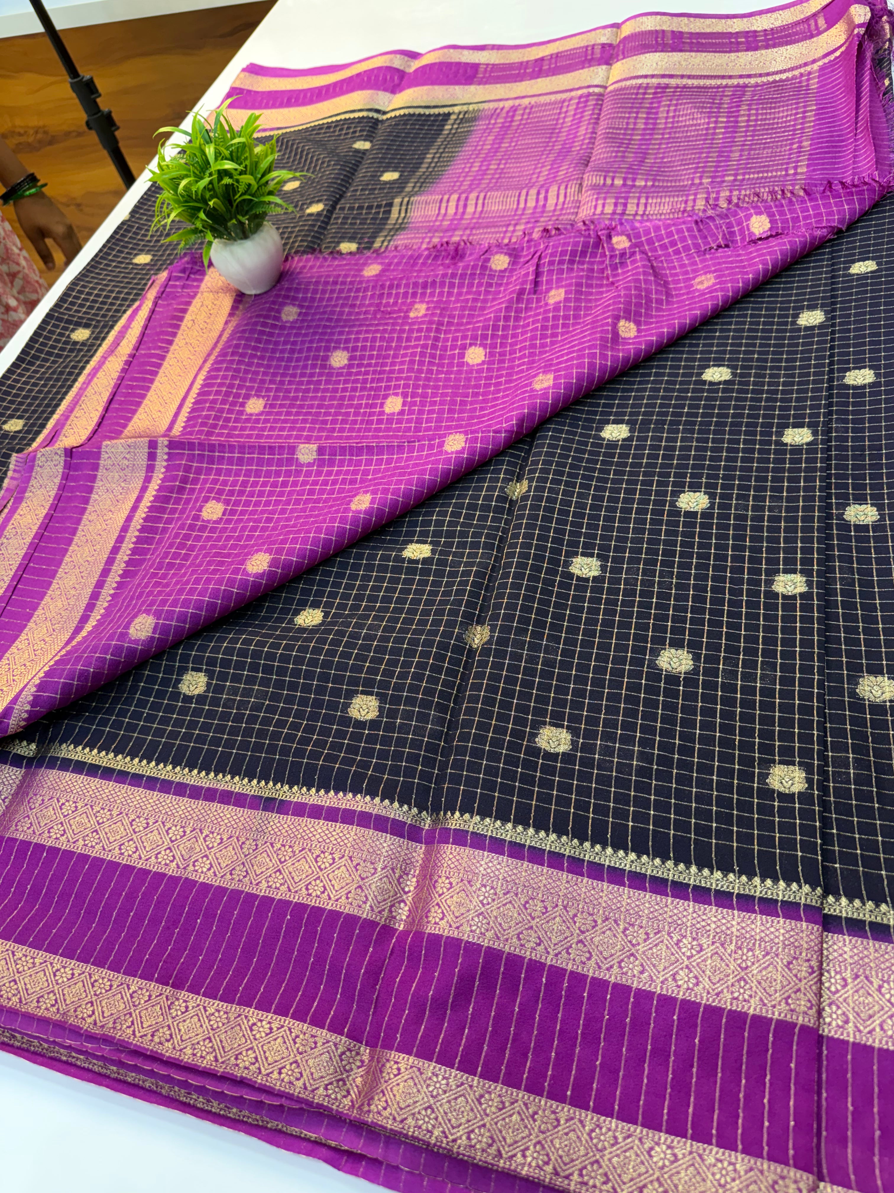 Mysore Crepe Silk Saree with Checks & Buttas