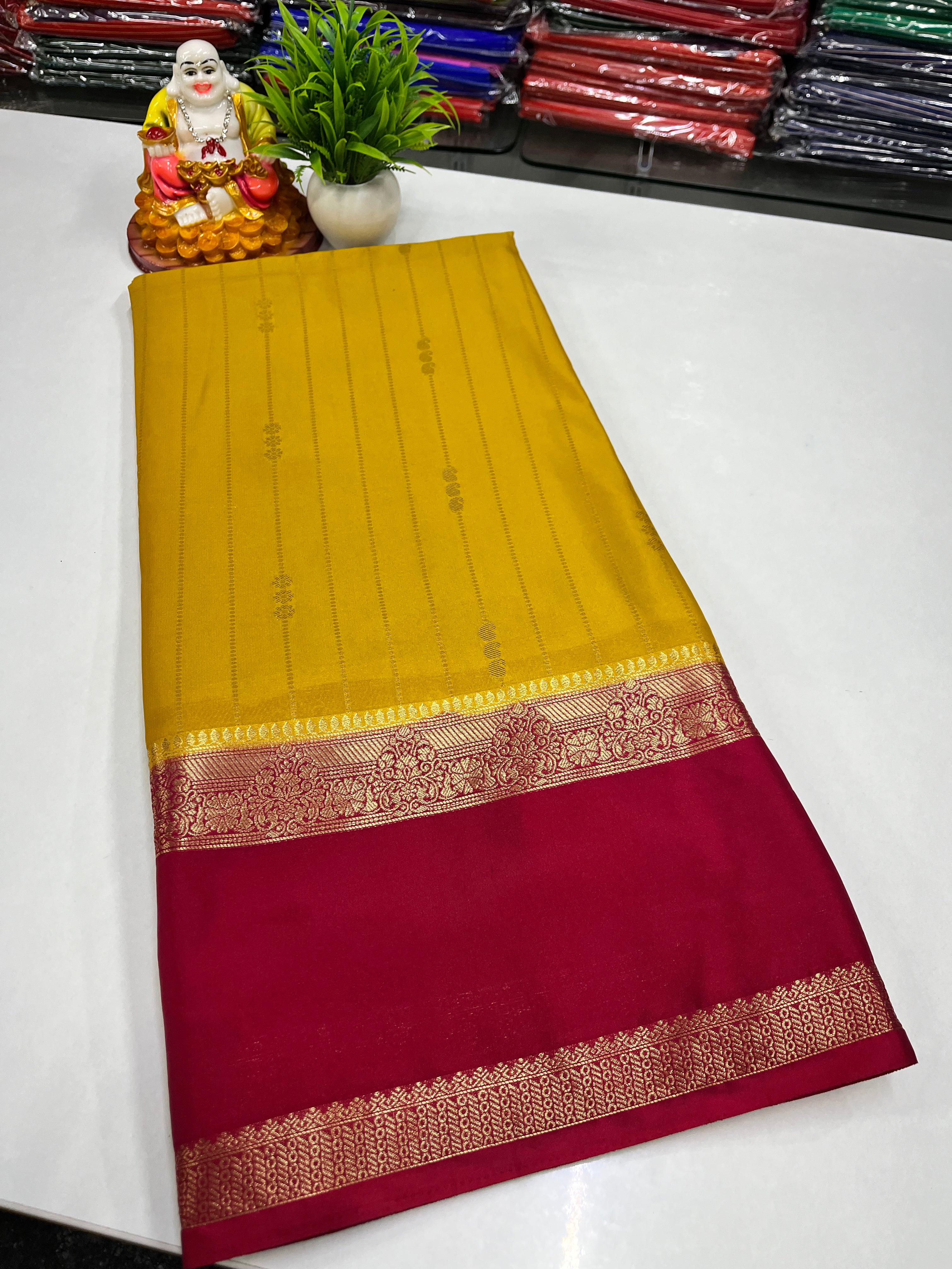 Premium Mysore Crepe Silk Saree with Rich Pallu and butta blouse