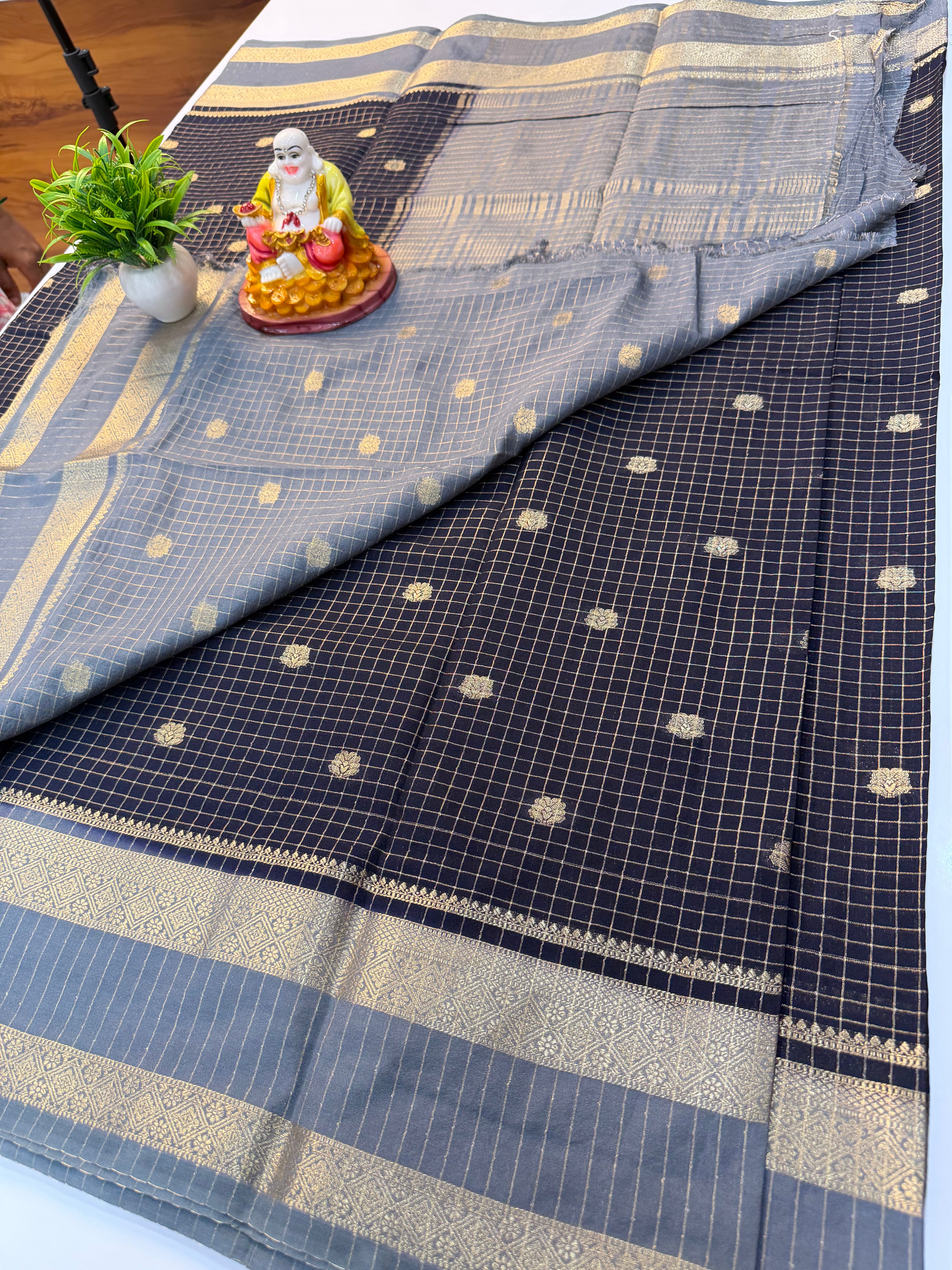 Mysore Crepe Silk Saree with Checks & Buttas