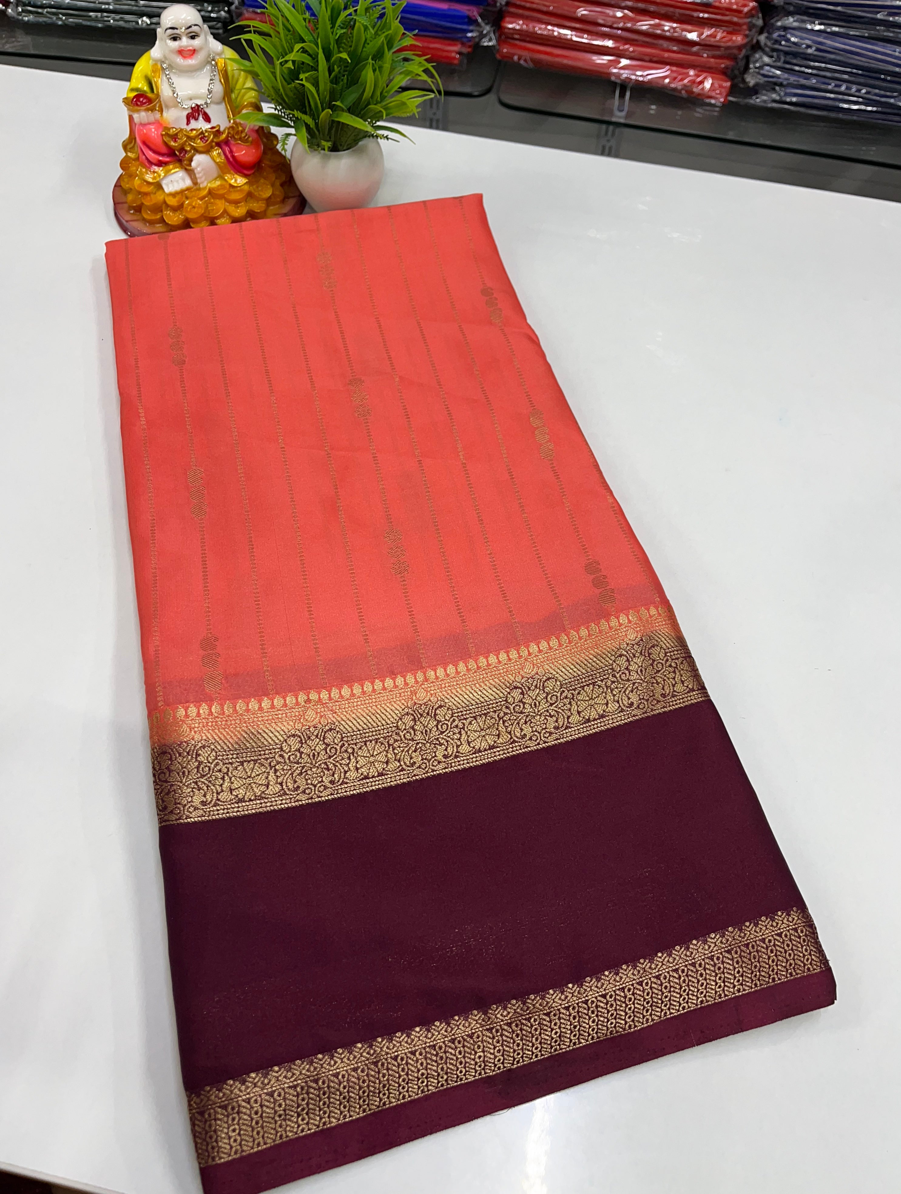 Premium Mysore Crepe Silk Saree with Rich Pallu and butta blouse