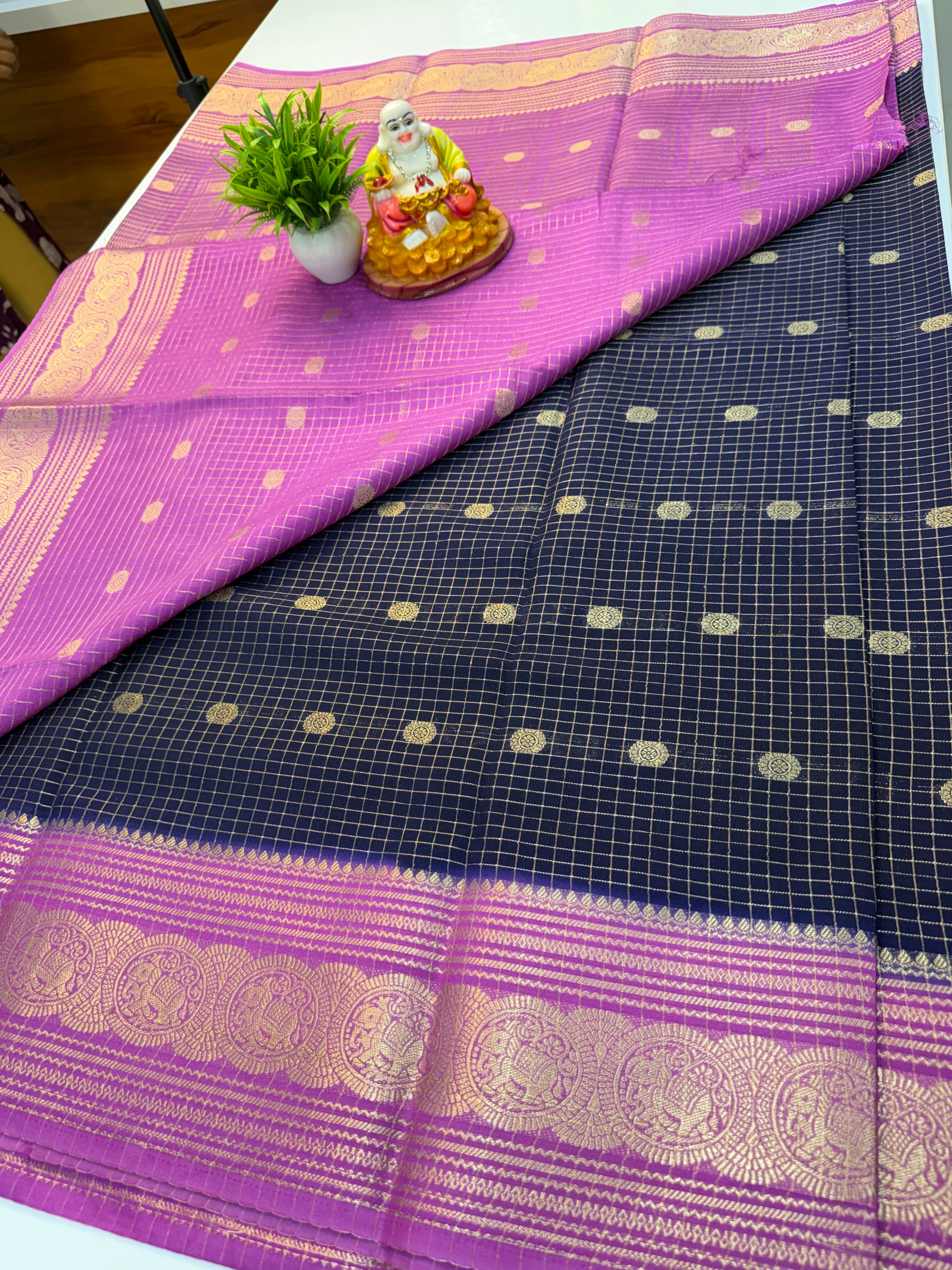 Mysore Crepe Silk Saree with Elephant Border, Checks & Buttas