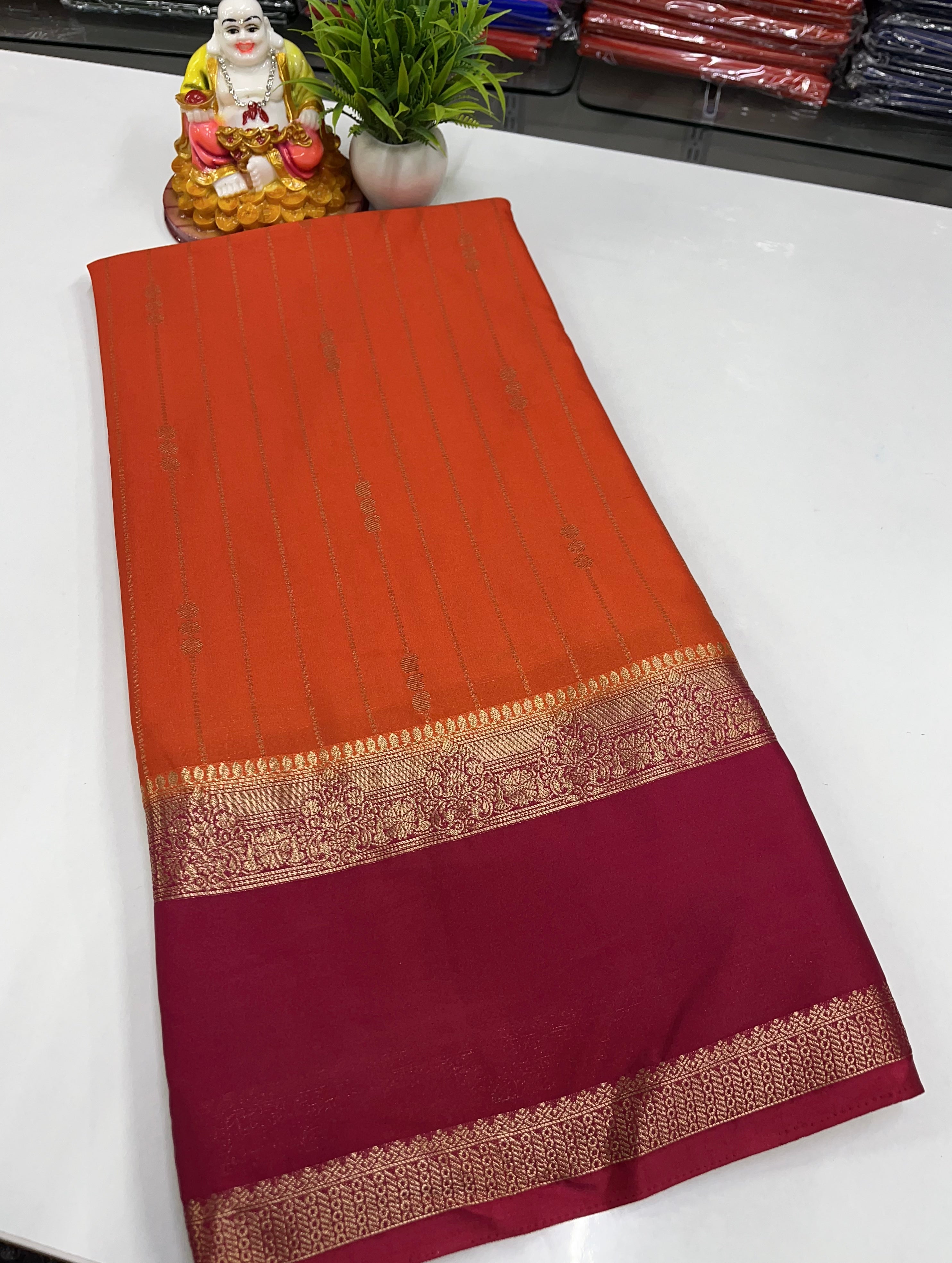 Premium Mysore Crepe Silk Saree with Rich Pallu and butta blouse